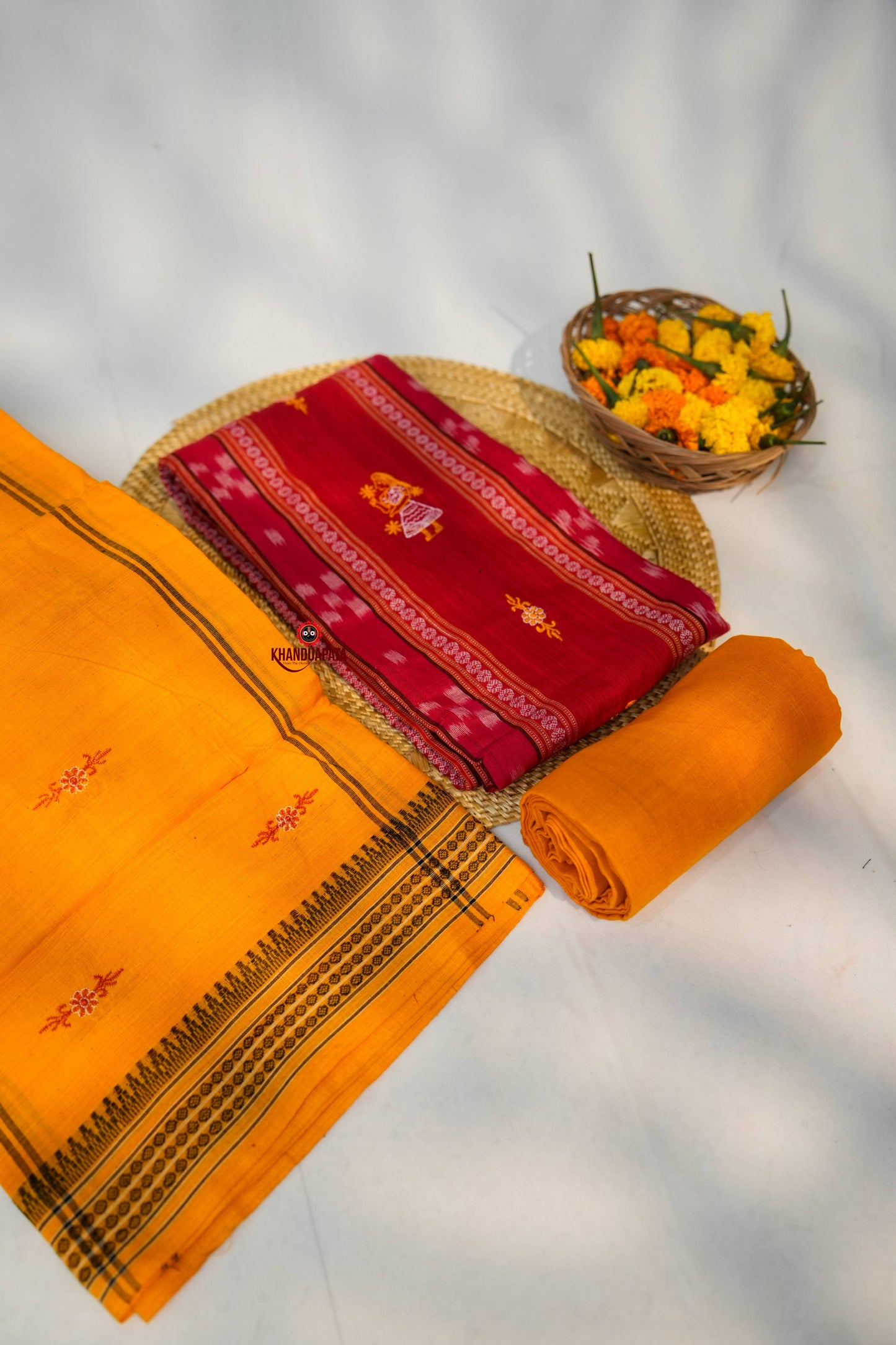 Red & Yellow Doll Design Unstitched Cotton Suit For Women