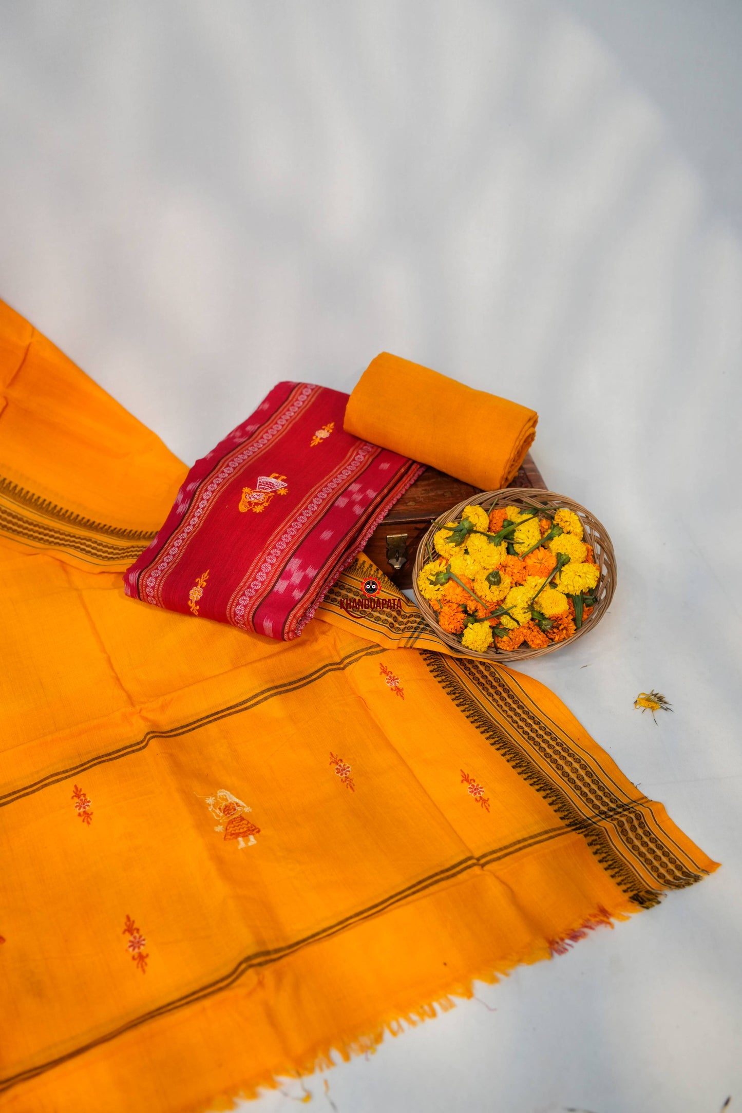 Red & Yellow Doll Design Unstitched Cotton Suit For Women