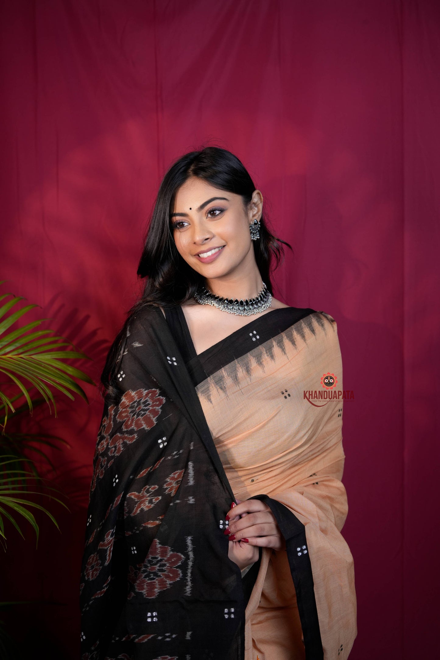 Beige & Black Dot Design Cotton Saree For Women