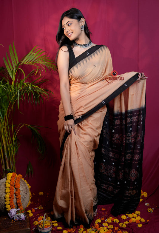 Beige & Black Dot Design Cotton Saree For Women