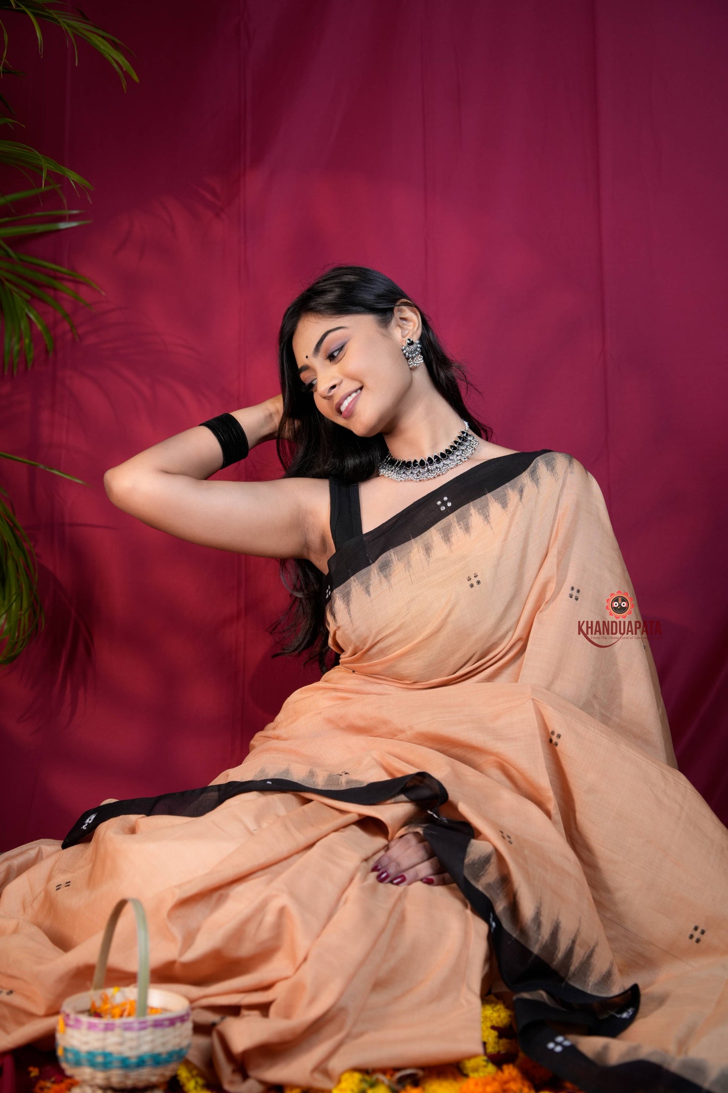 Beige & Black Dot Design Cotton Saree For Women