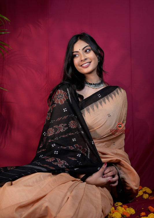 Beige & Black Dot Design Cotton Saree For Women