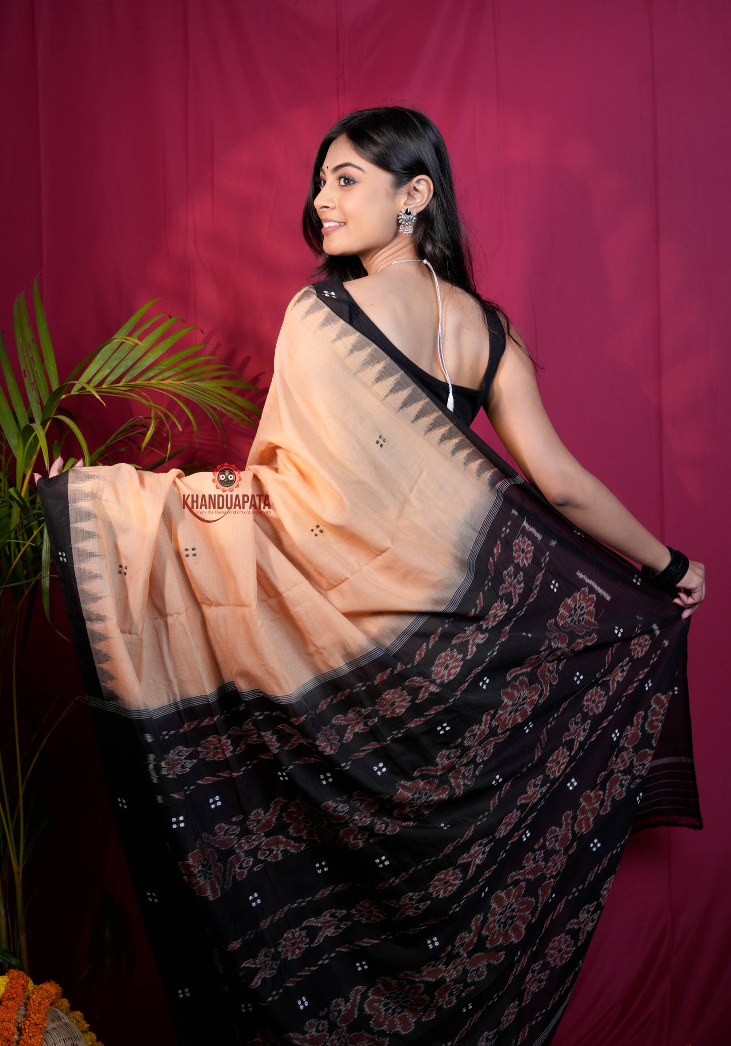 Beige & Black Dot Design Cotton Saree For Women