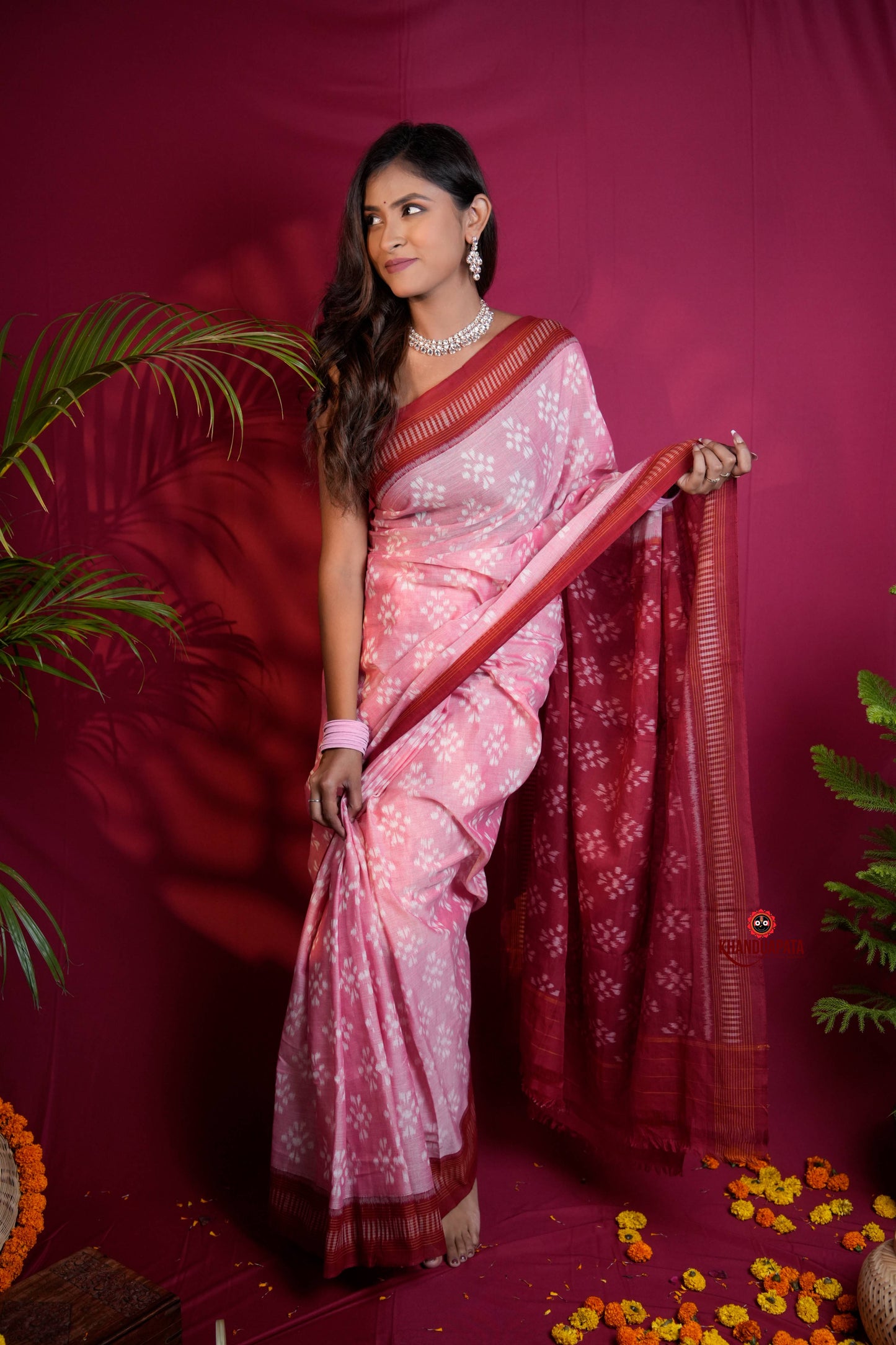 Pink & Red Colour Body Design Cotton Saree For Women