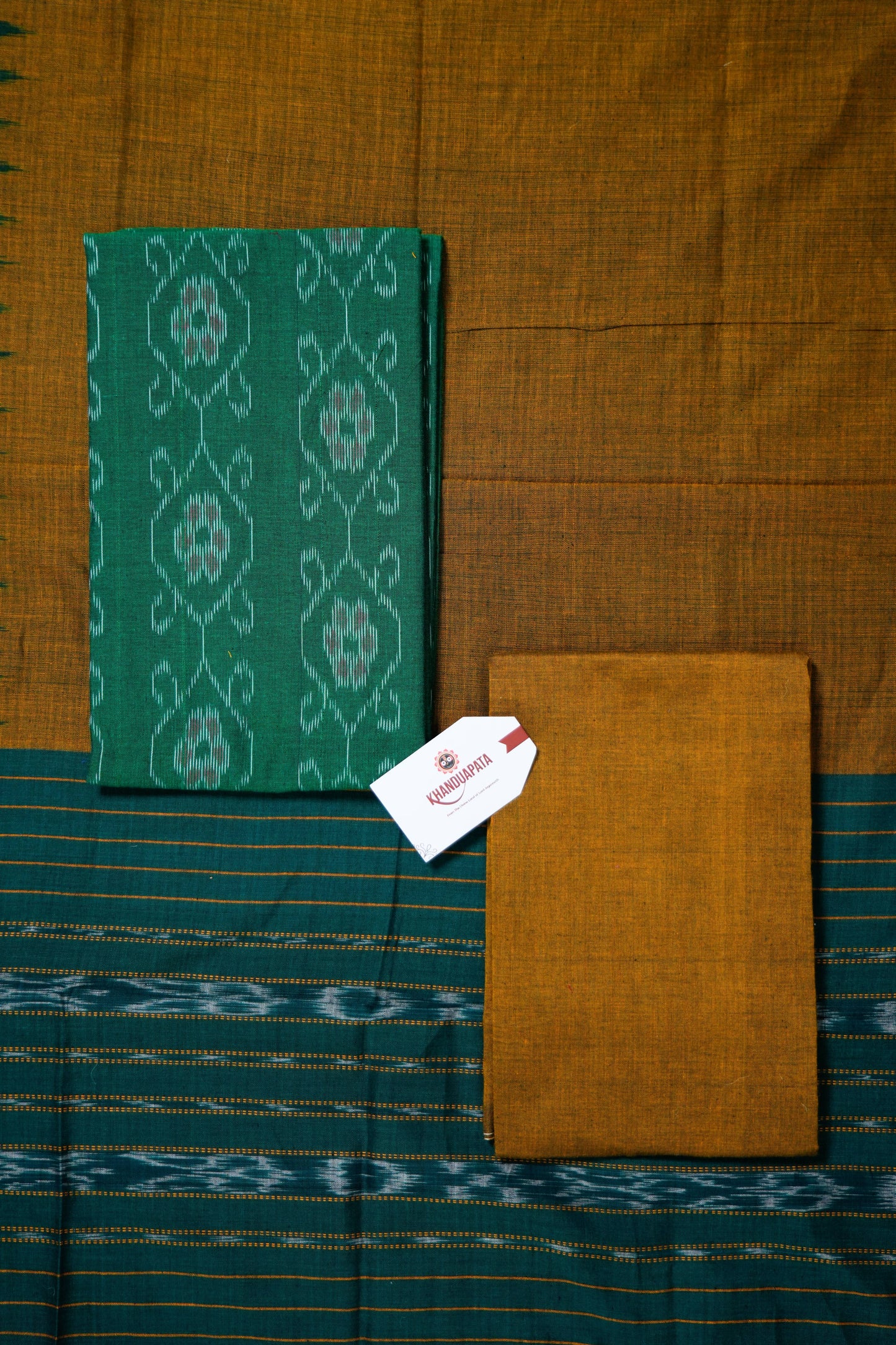 Green & Mustard Box Design Unstitched Cotton Suit For Women