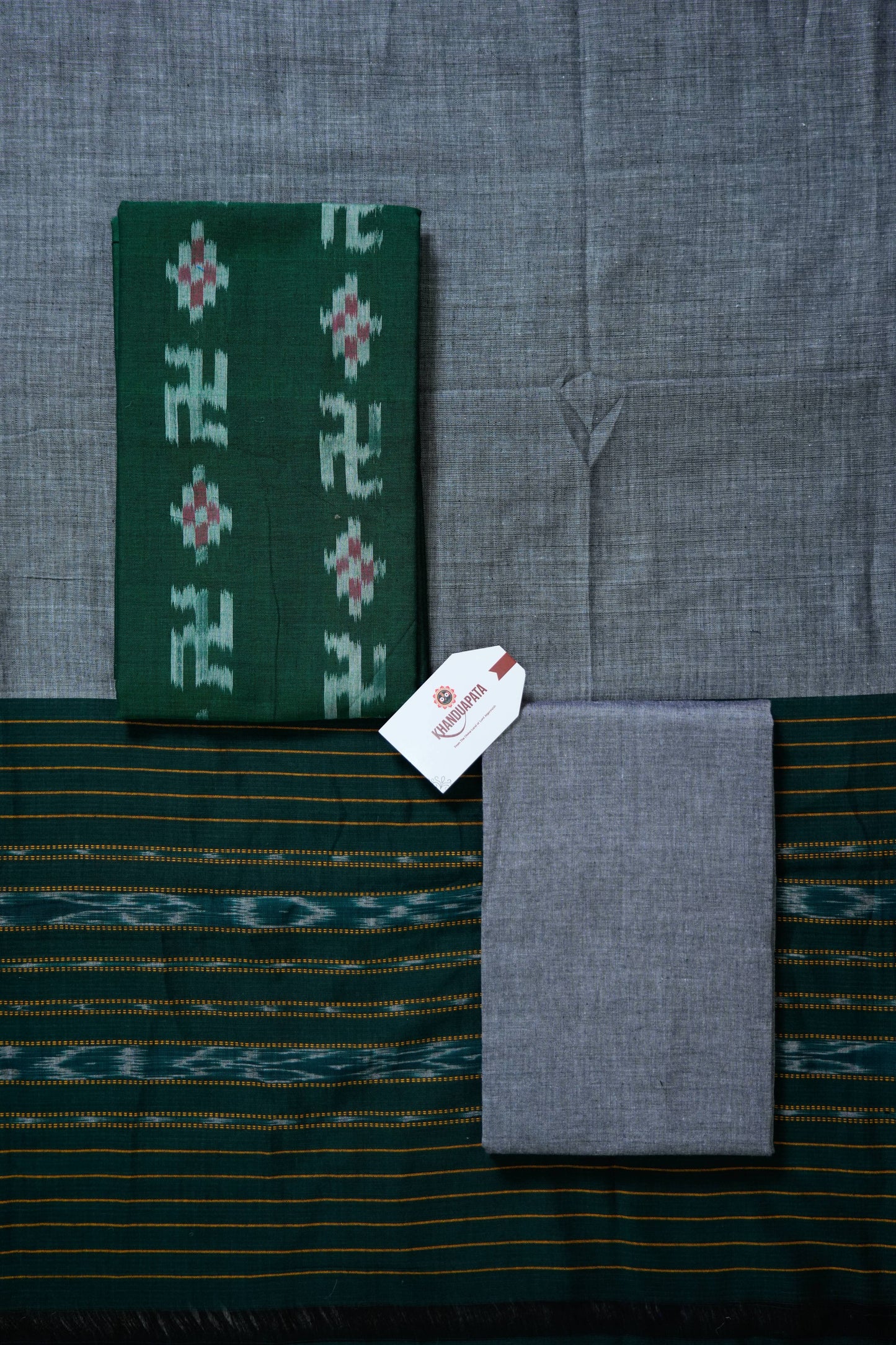 Green & Grey Pasapali Swastik Unstitched Cotton Suit For Women