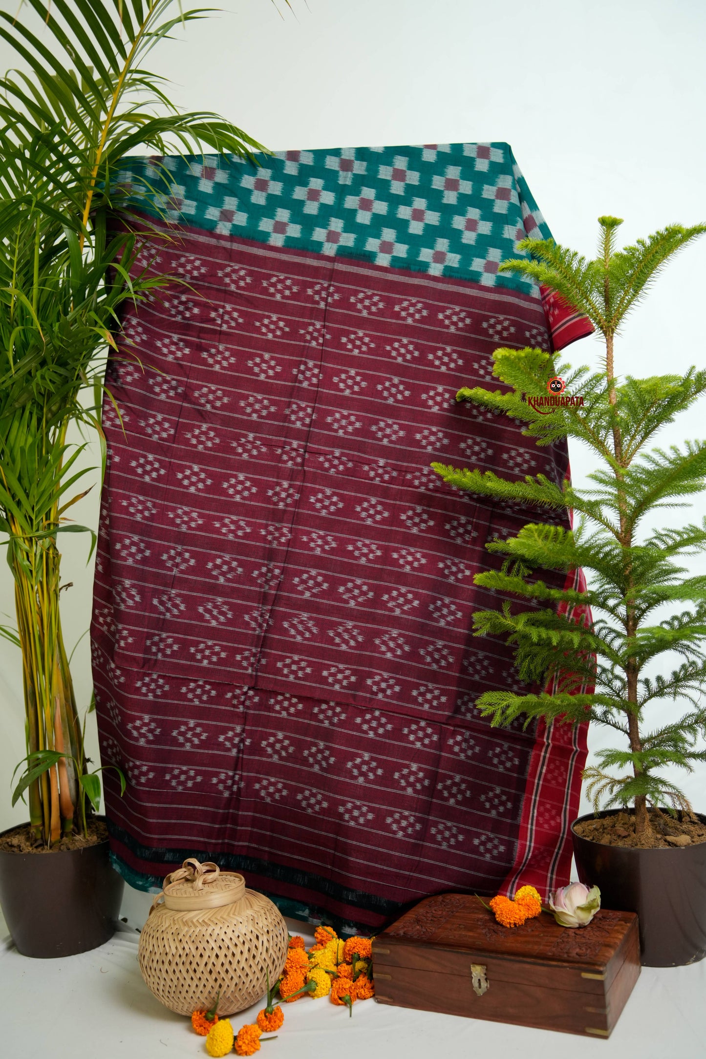 Green & Maroon Colour Plus Design Cotton Saree For Women