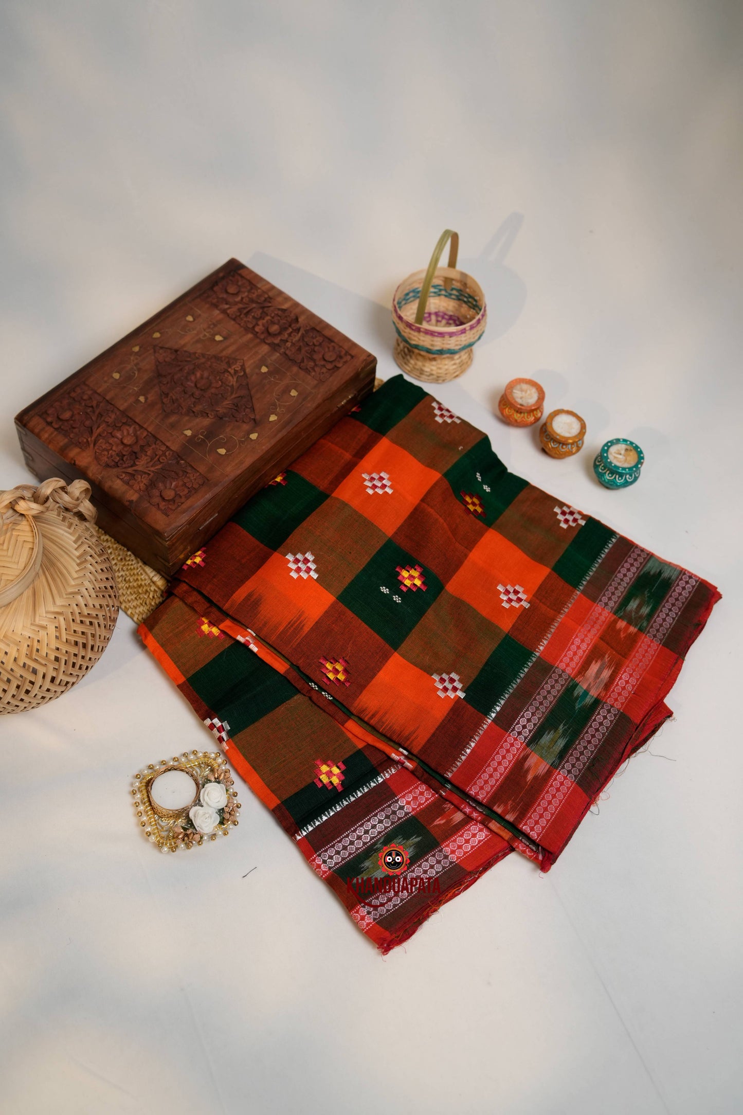 Orange & Green Colour Check Design Cotton Saree For Women