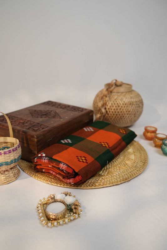 Orange & Green Colour Check Design Cotton Saree For Women