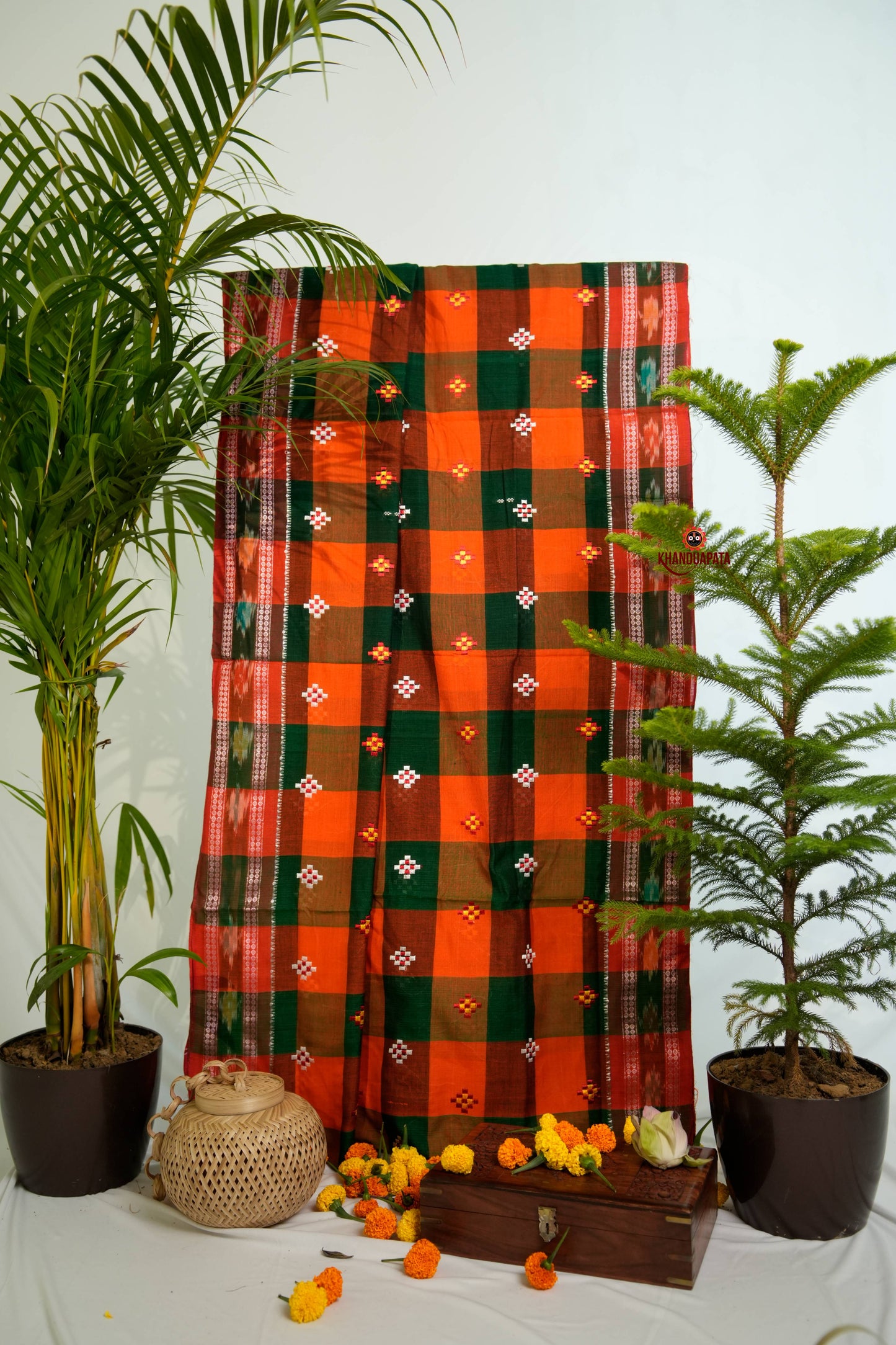 Orange & Green Colour Check Design Cotton Saree For Women