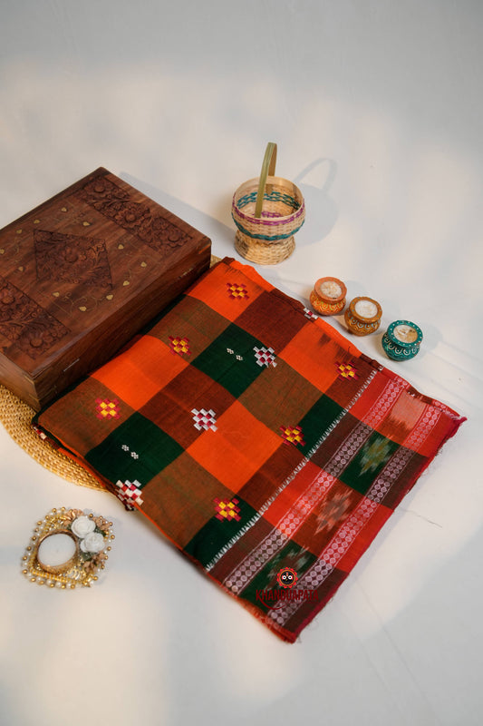 Orange & Green Colour Check Design Cotton Saree For Women