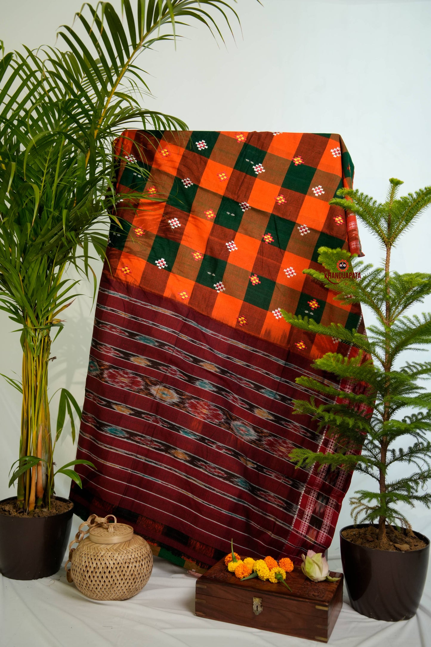 Orange & Green Colour Check Design Cotton Saree For Women