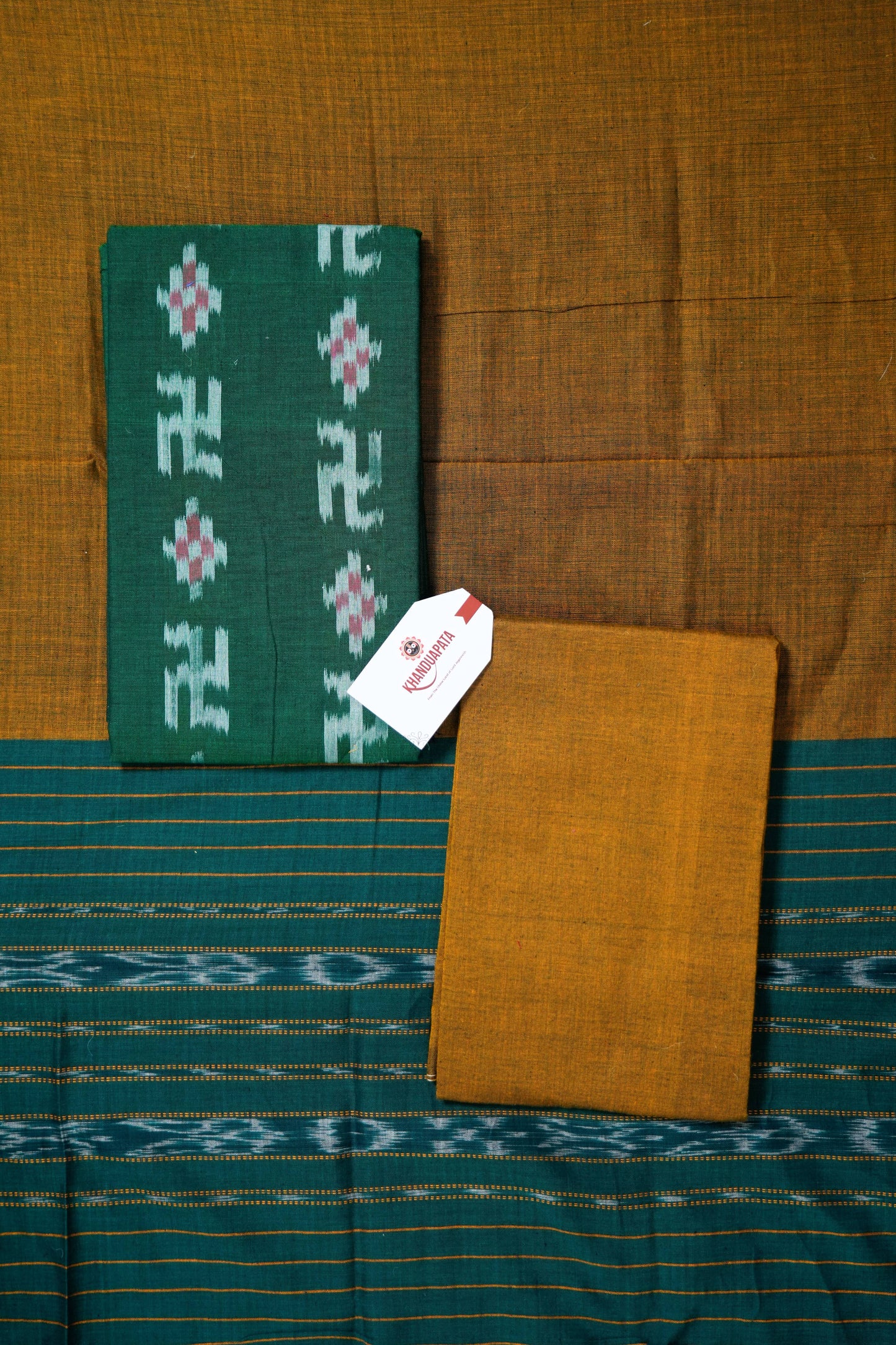 Green & Mustard Pasapali Swastik Design Unstitched Cotton Suit For Women