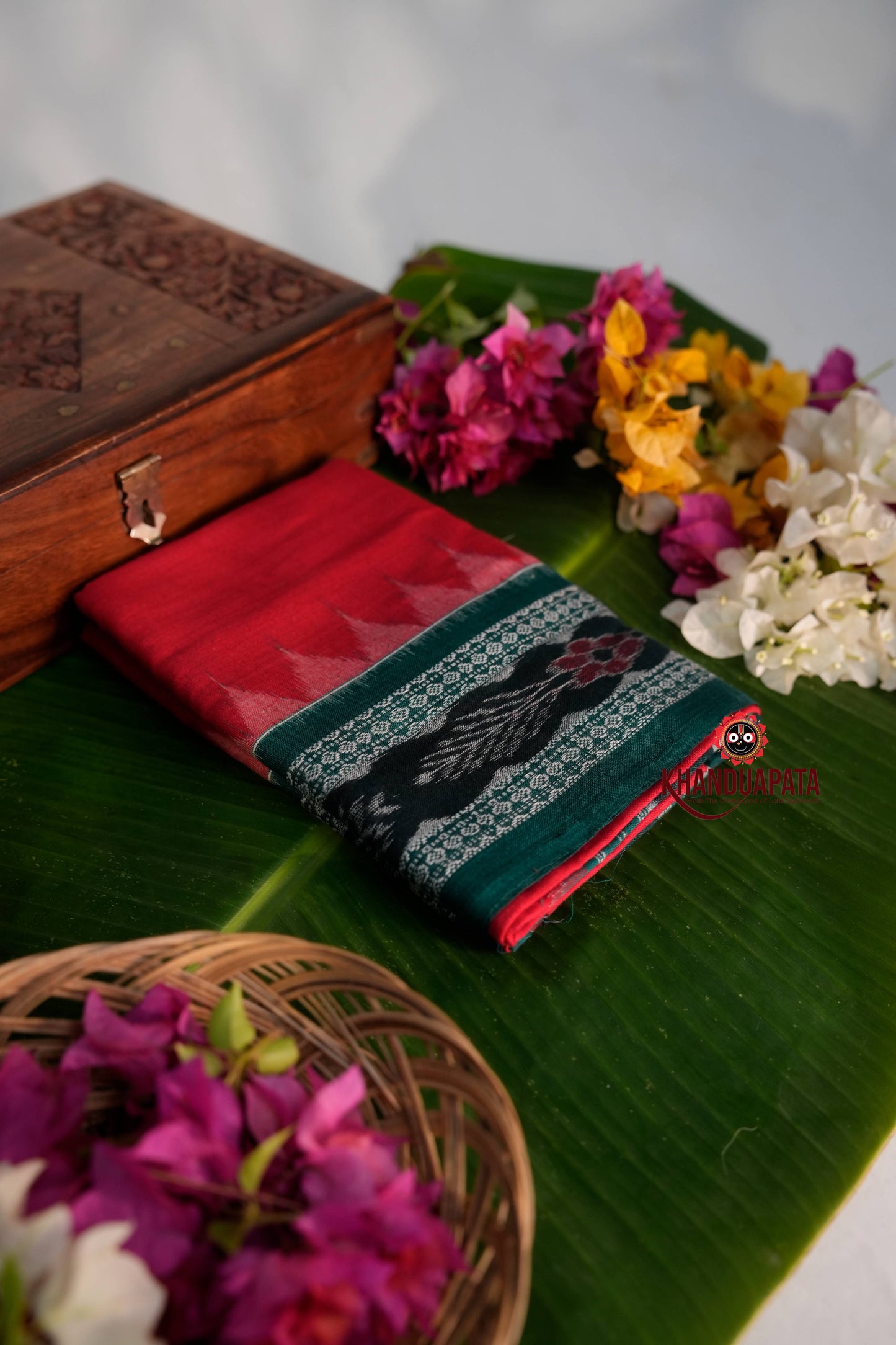 Red & Green Ethnic Design Unstitched Cotton Suit For Women