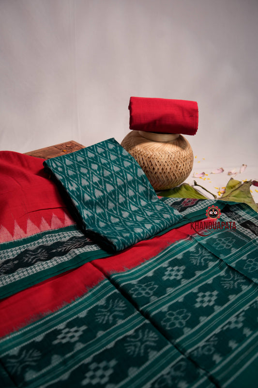 Red & Green Ethnic Design Unstitched Cotton Suit For Women
