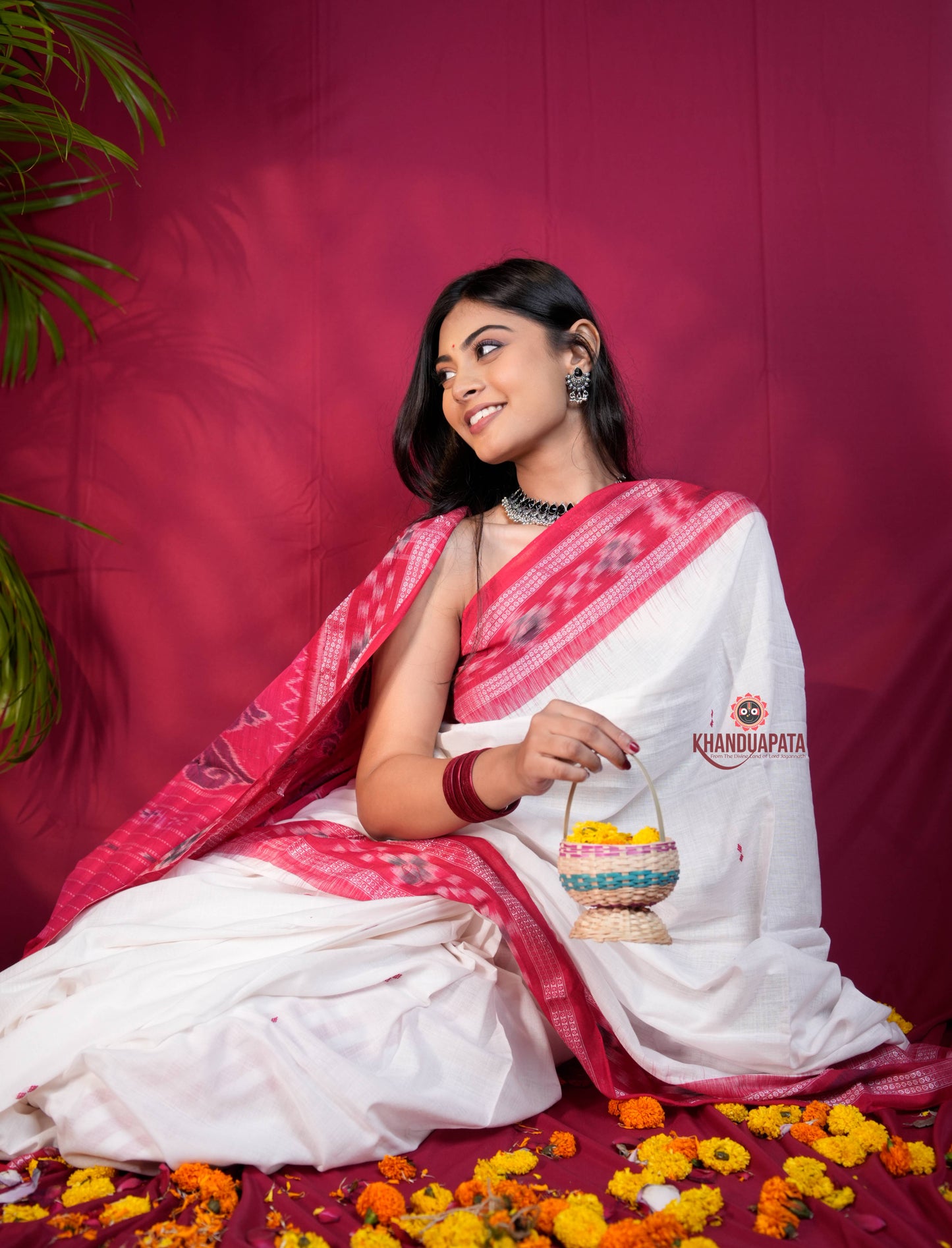 White & Red Colour Dot Design Cotton Saree For Women
