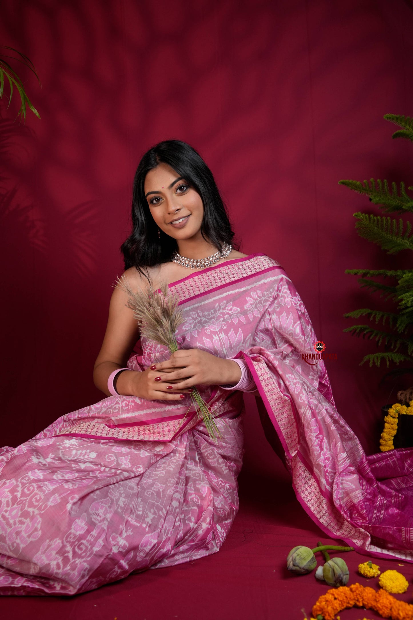 Blush Pink & Intricate White Floral Design Silk Saree For Women