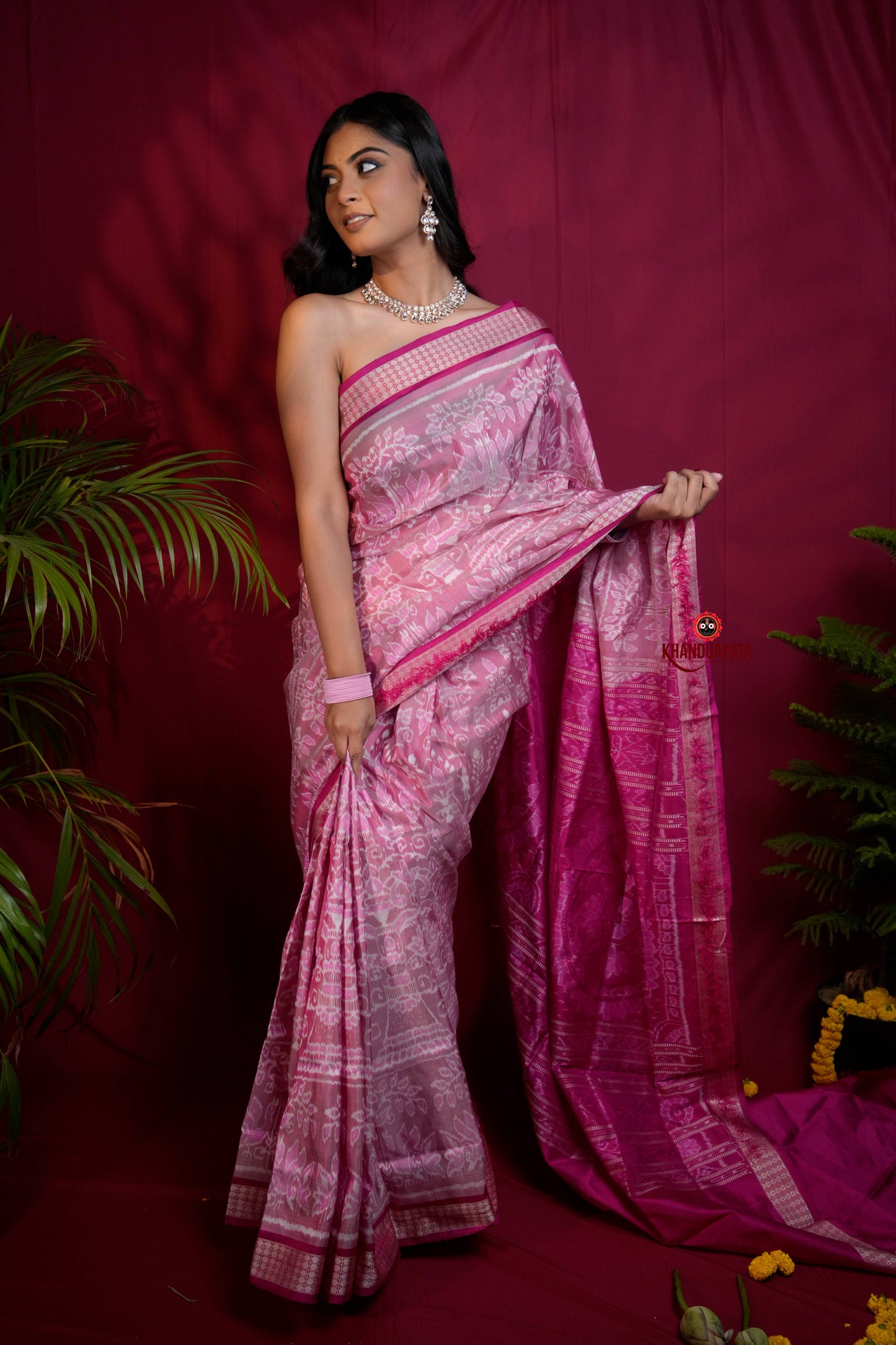 Blush Pink & Intricate White Floral Design Silk Saree For Women