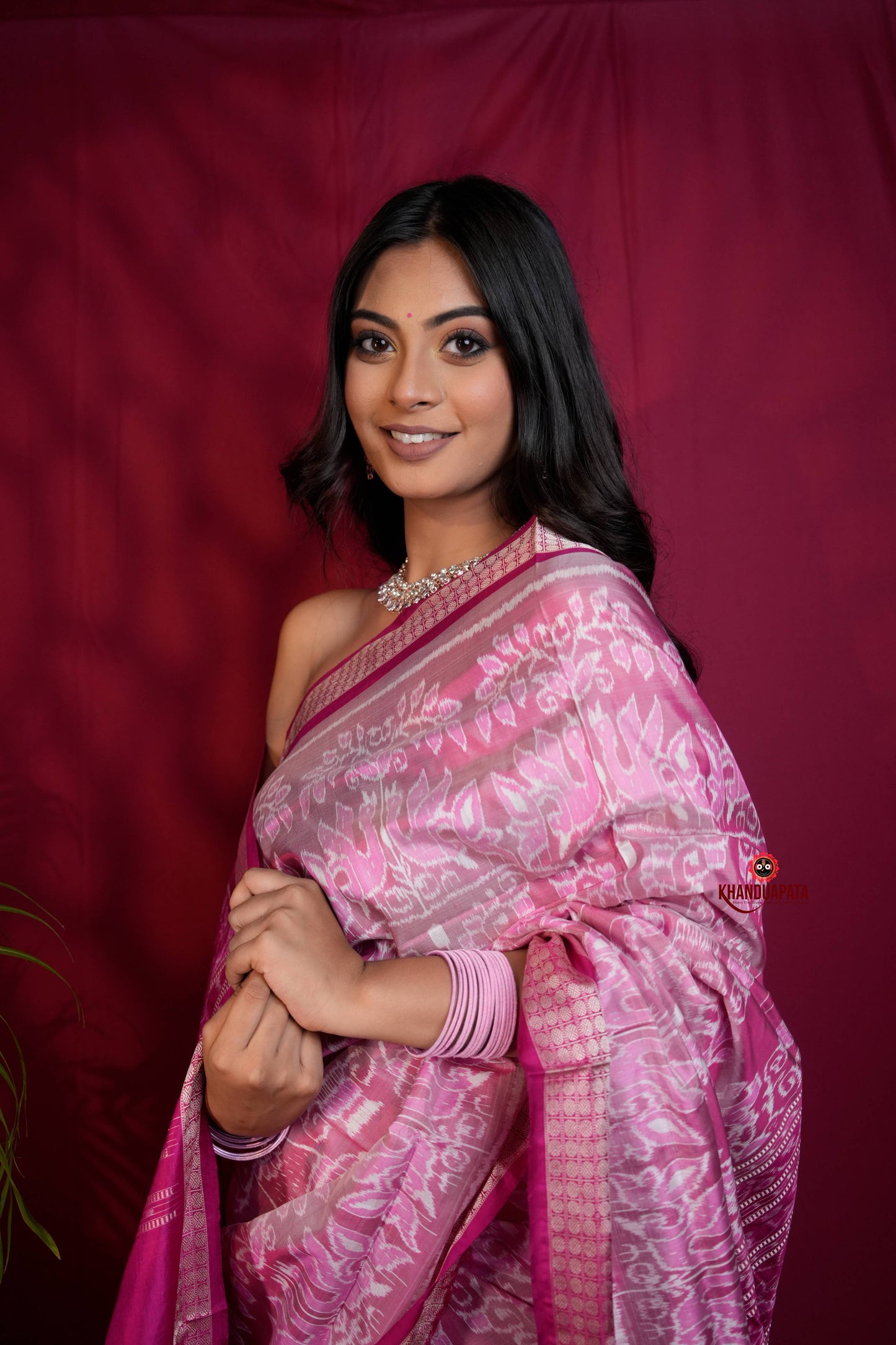 Blush Pink & Intricate White Floral Design Silk Saree For Women