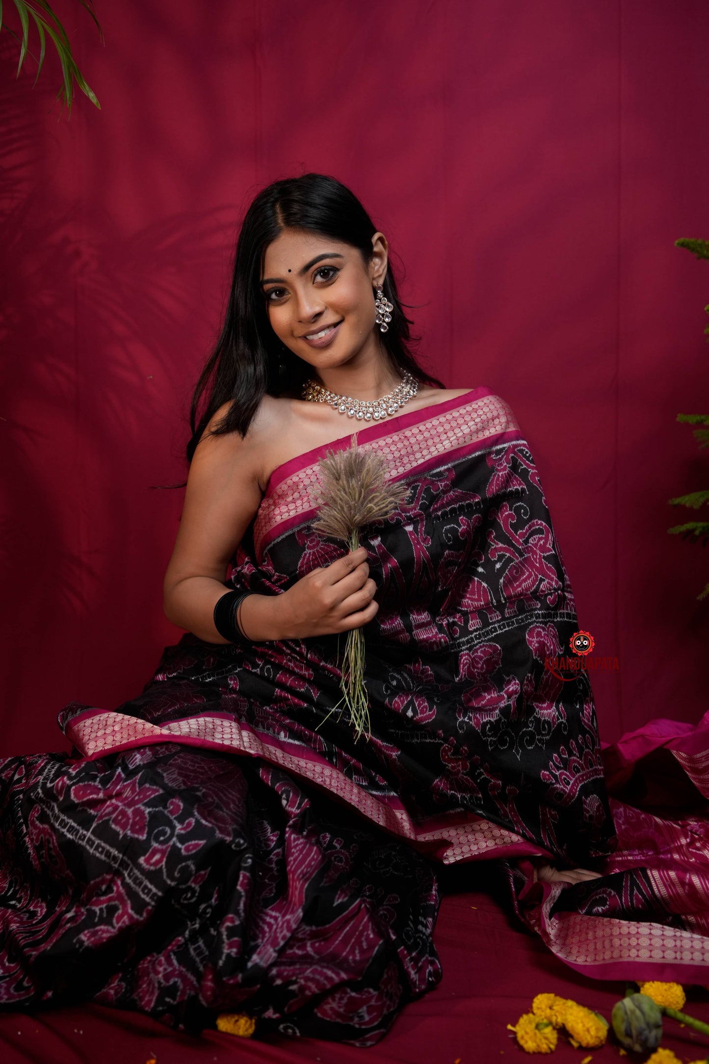 Pink & Black Floral Design Silk Saree For Women