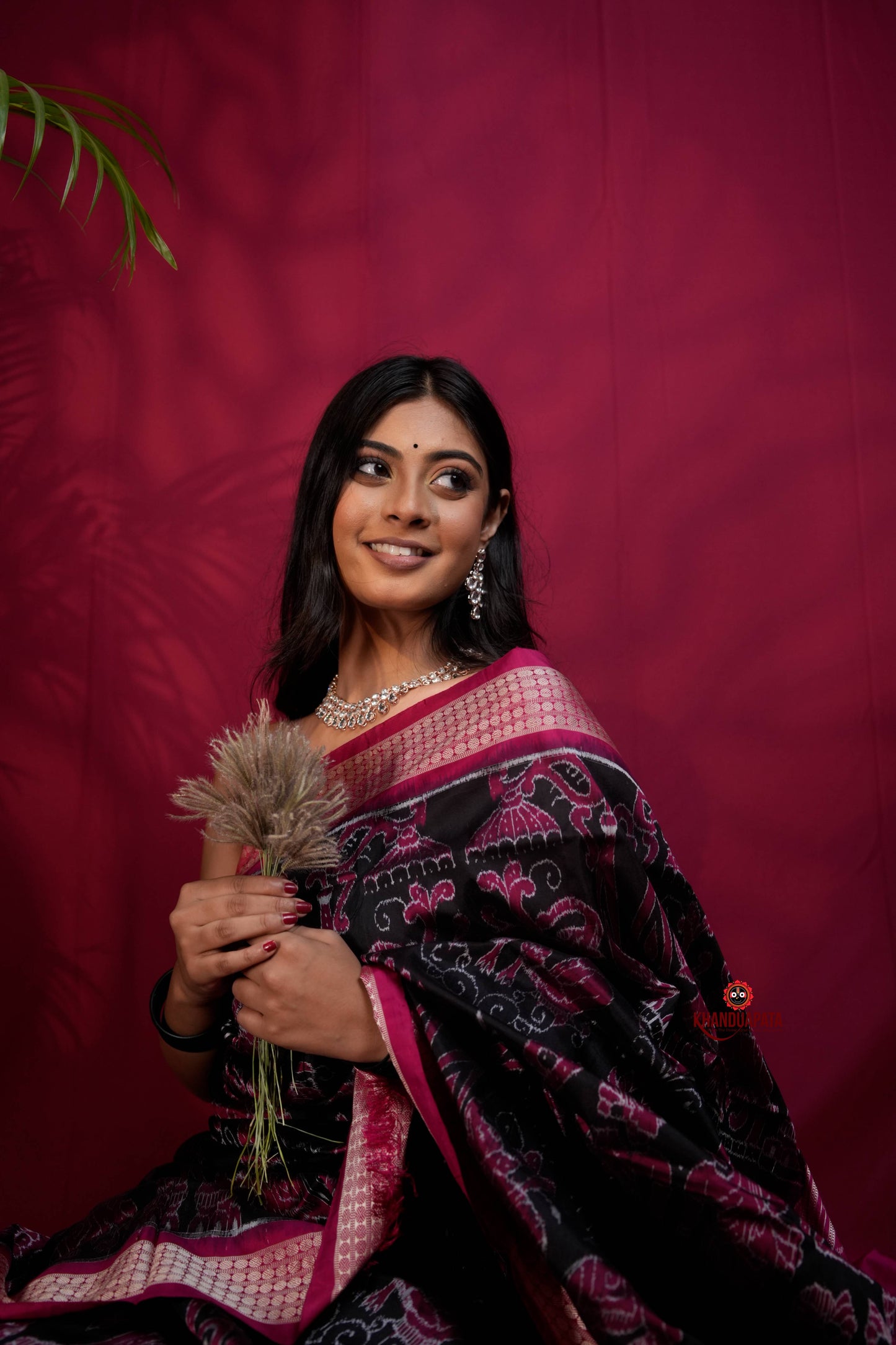 Pink & Black Floral Design Silk Saree For Women