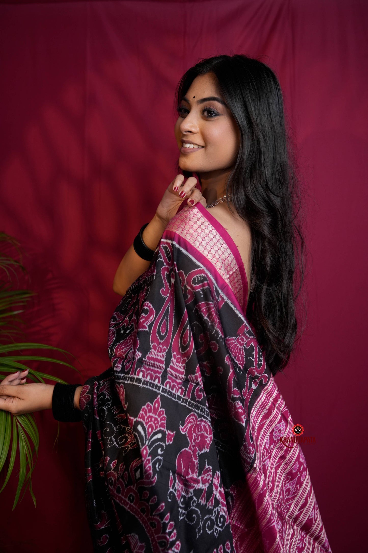 Pink & Black Floral Design Silk Saree For Women