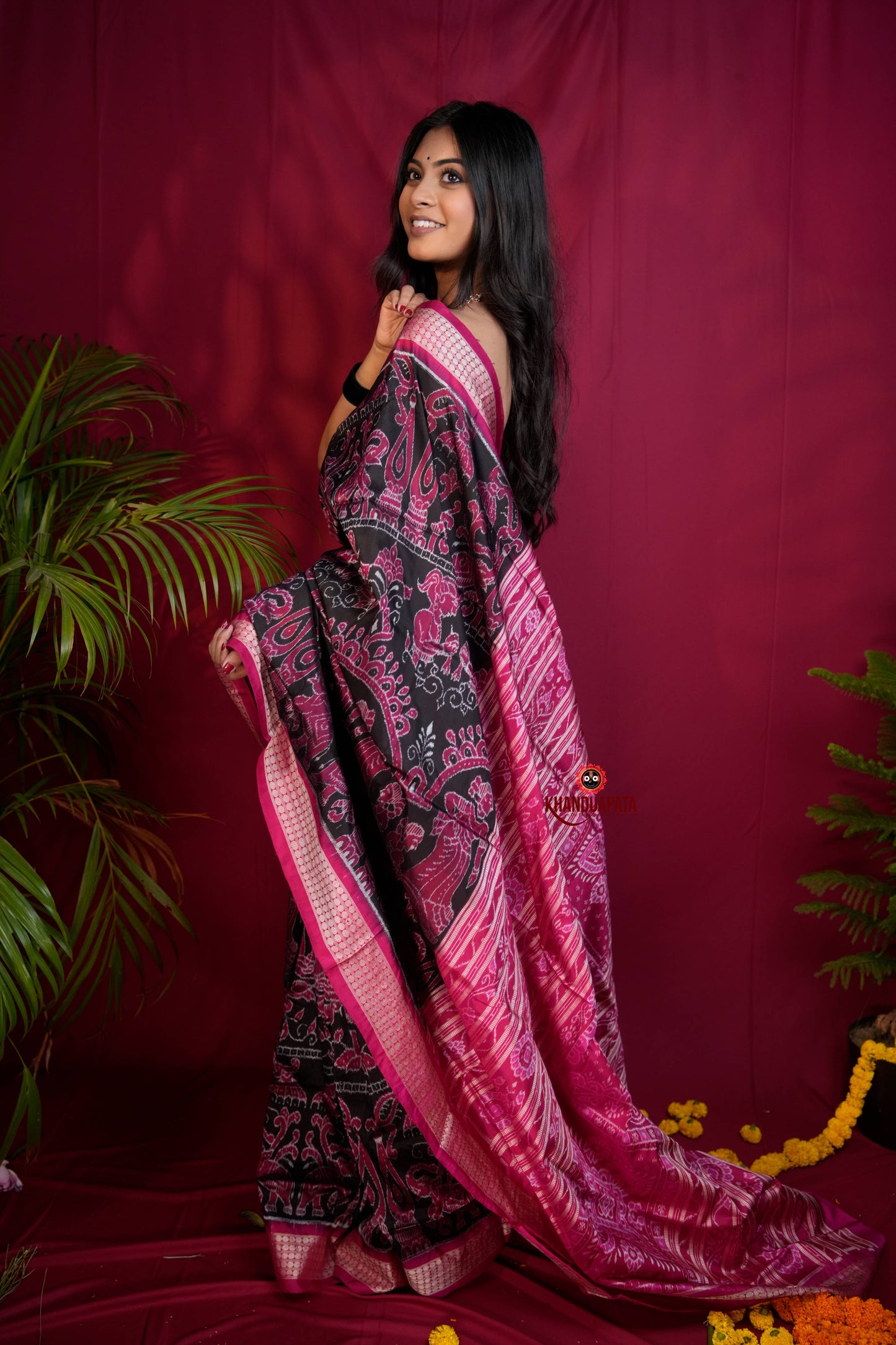 Pink & Black Floral Design Silk Saree For Women