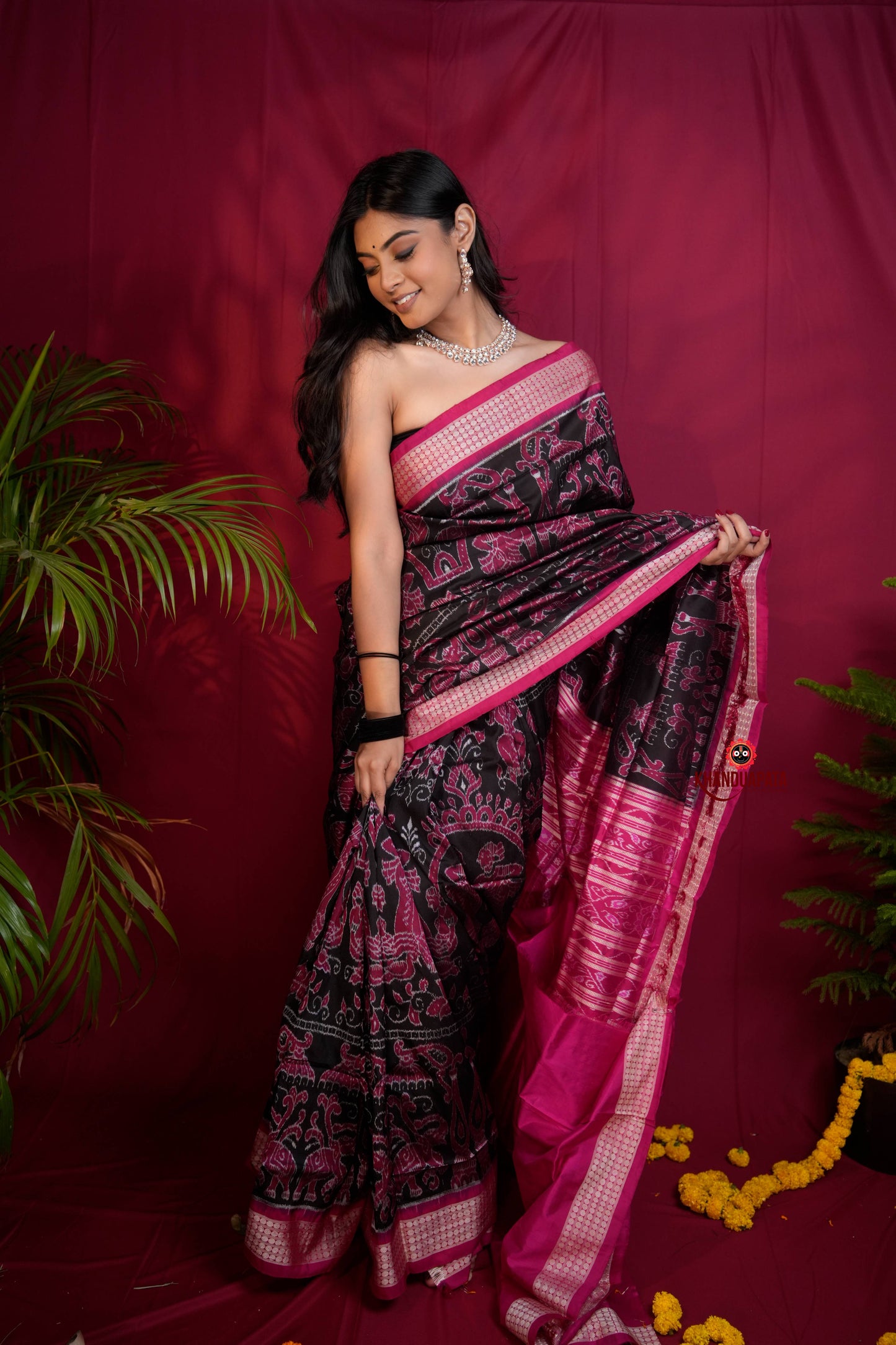 Pink & Black Floral Design Silk Saree For Women