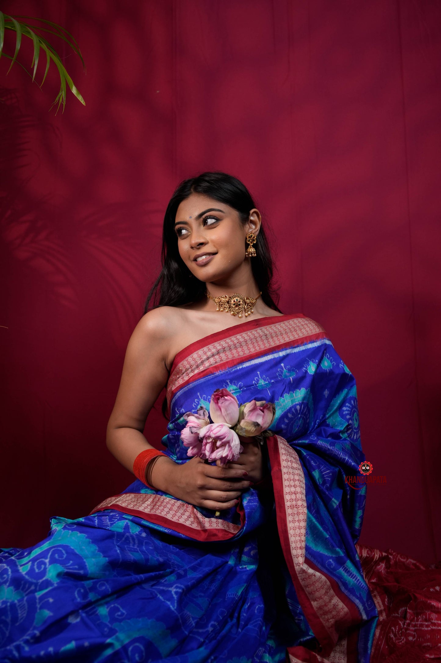 Red & Blue Floral Design Silk Saree For Women