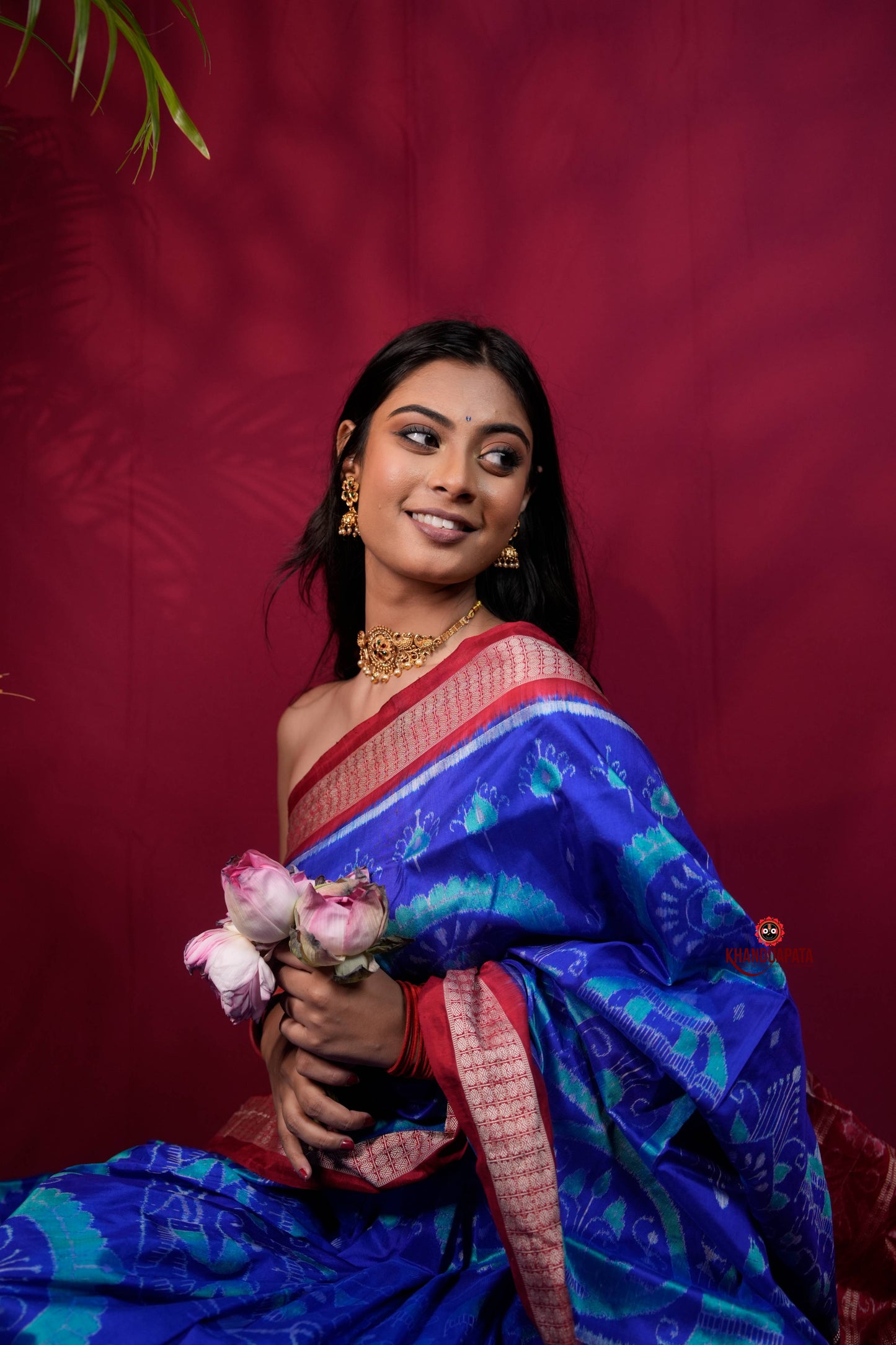 Red & Blue Floral Design Silk Saree For Women