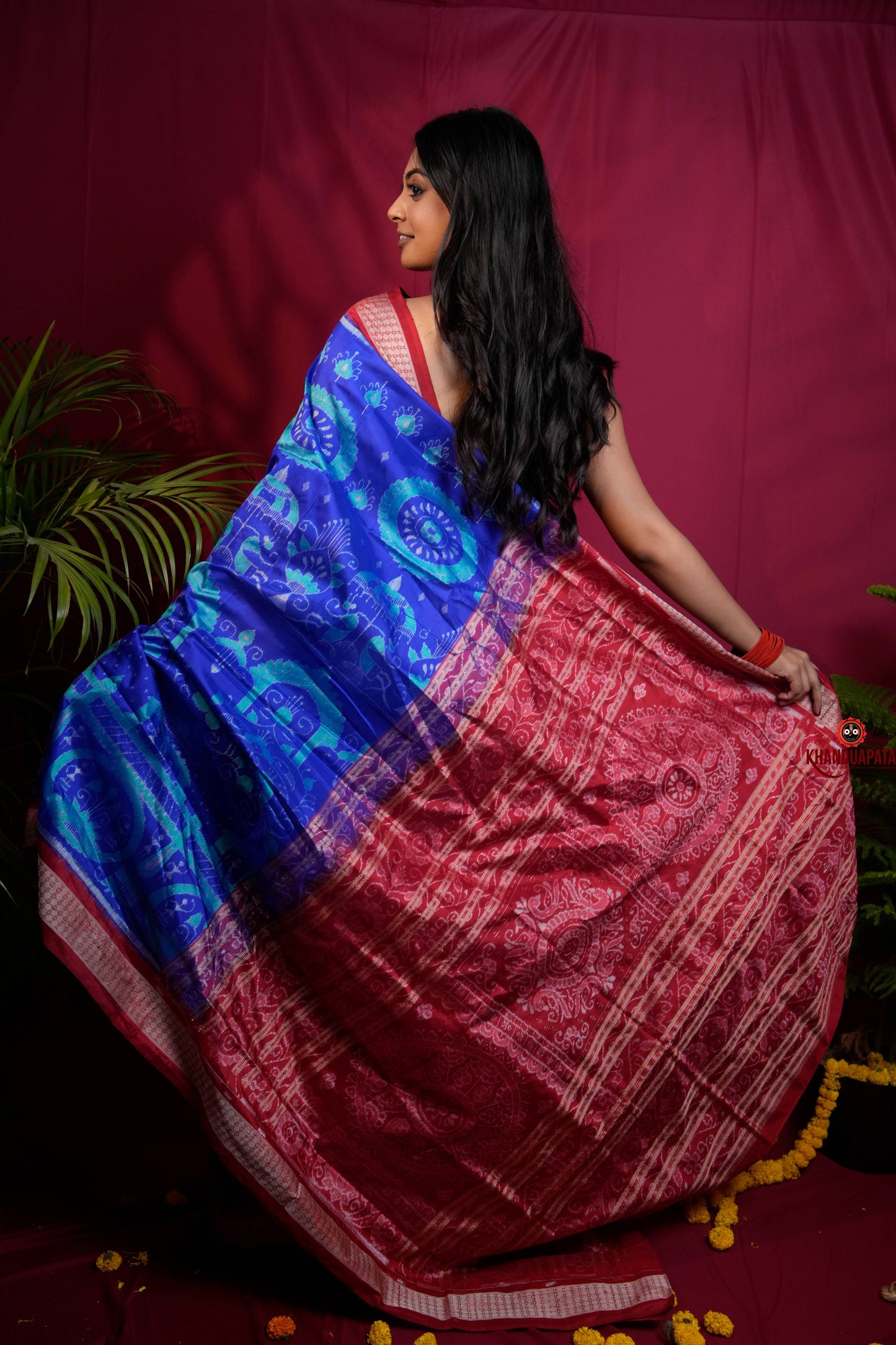 Red & Blue Floral Design Silk Saree For Women
