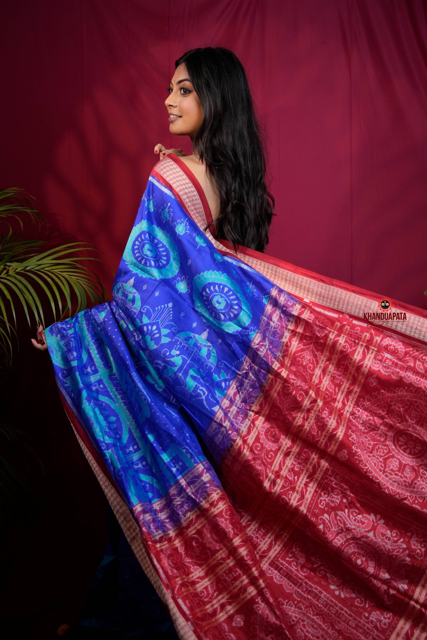 Red & Blue Floral Design Silk Saree For Women