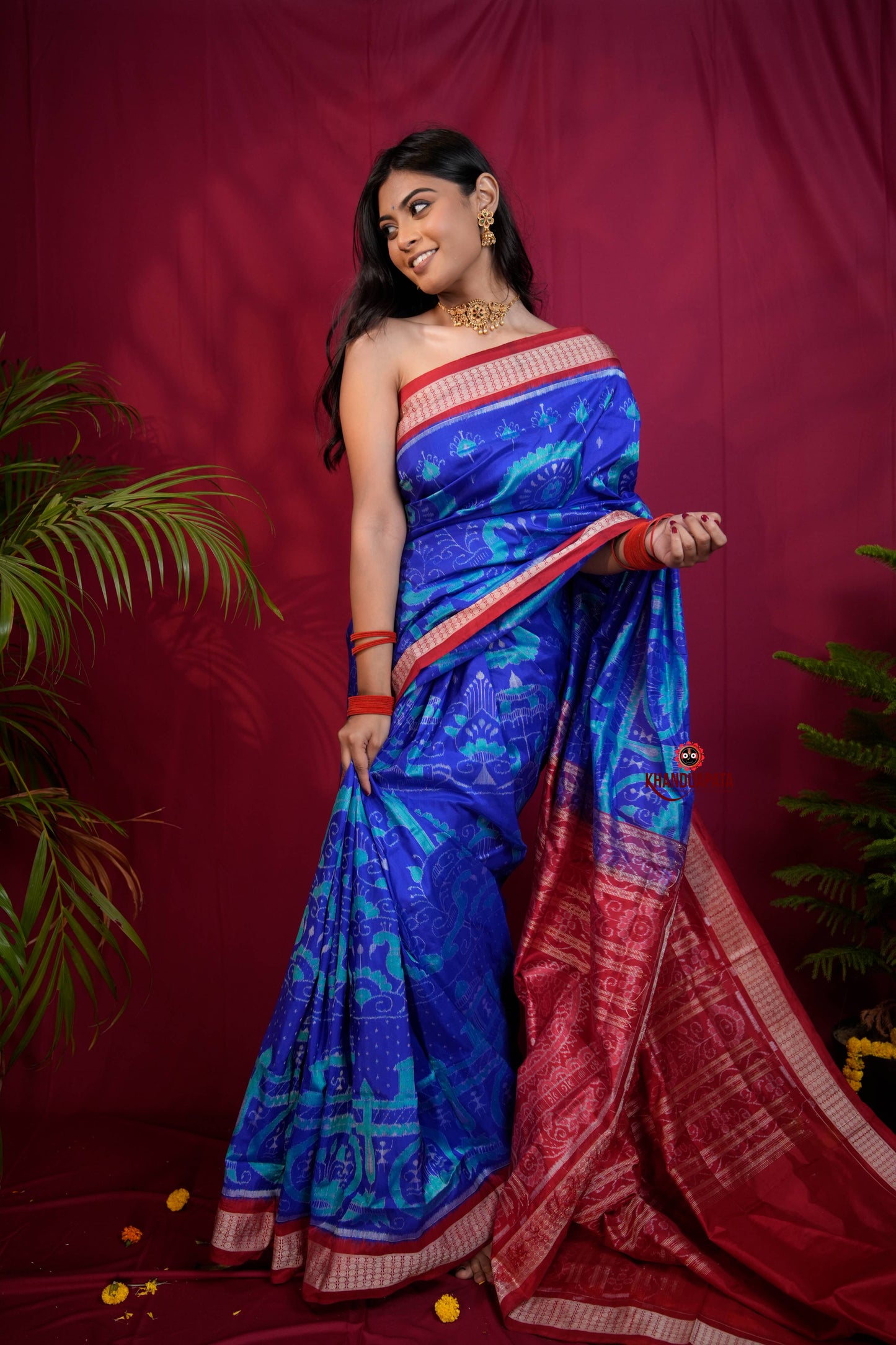 Red & Blue Floral Design Silk Saree For Women