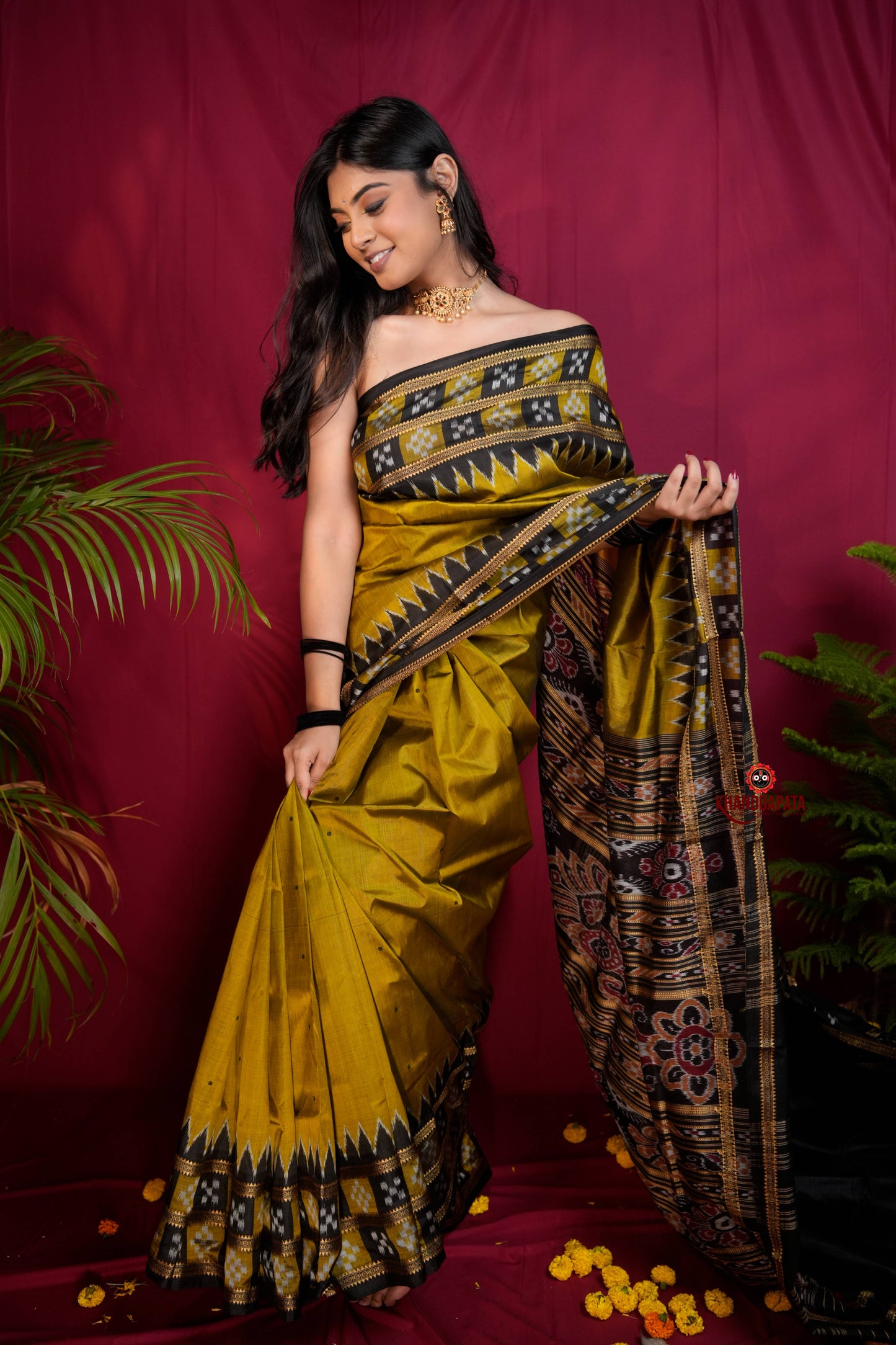 Mustard Yellow Colour Double Border Dot Design Silk Saree For Women