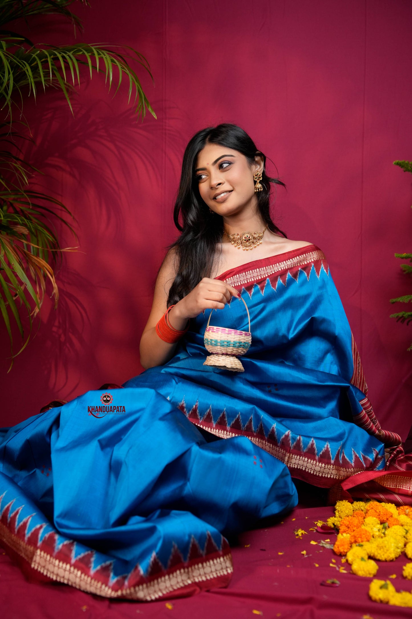 Red & Blue Colour Dot Design Silk Saree For Women