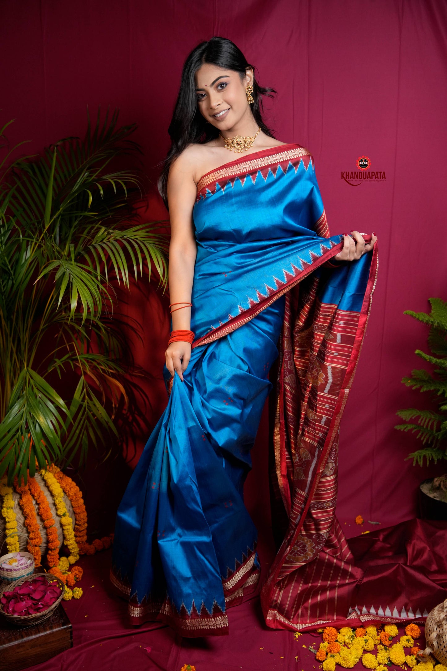 Red & Blue Colour Dot Design Silk Saree For Women
