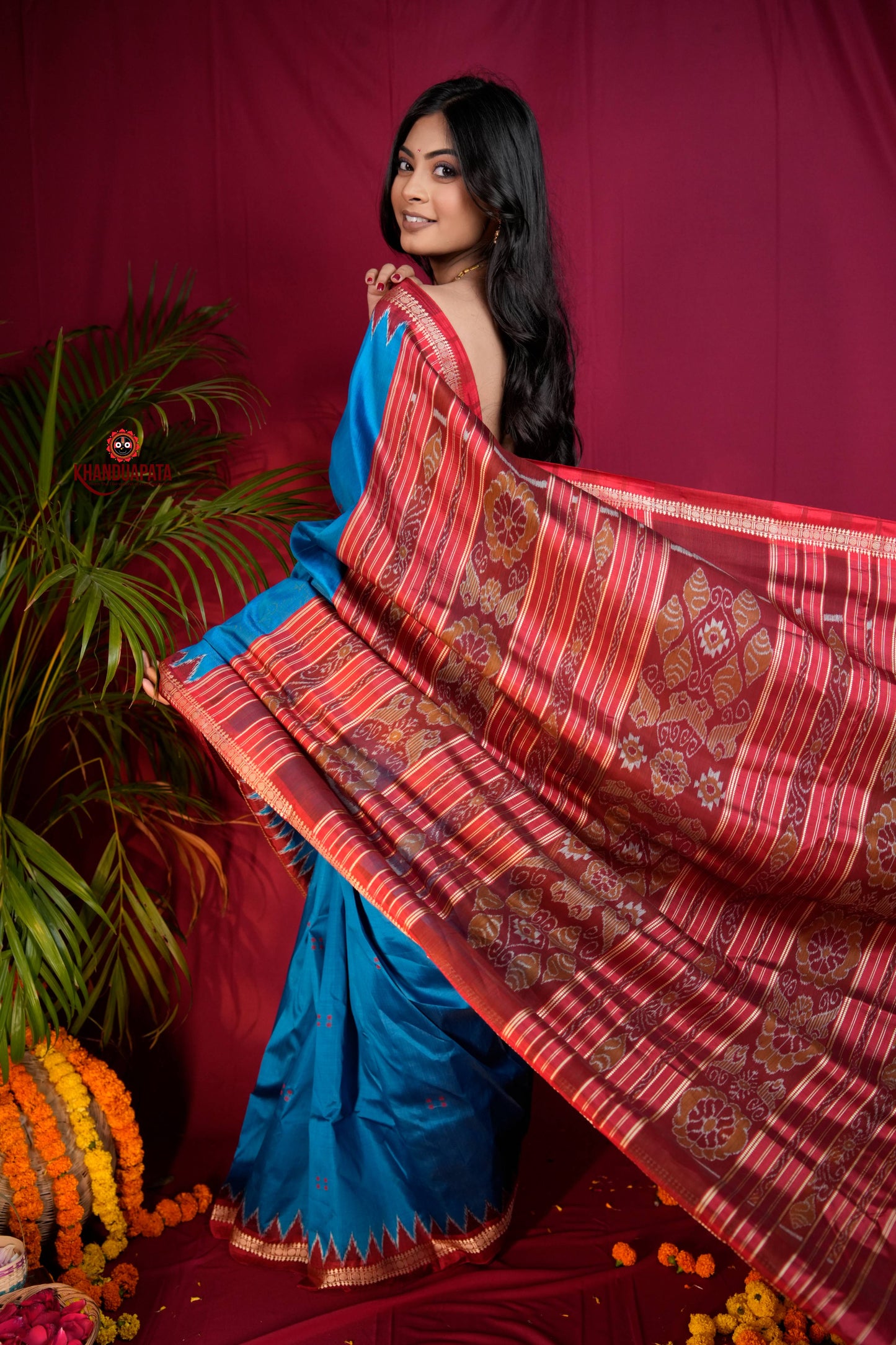 Red & Blue Colour Dot Design Silk Saree For Women