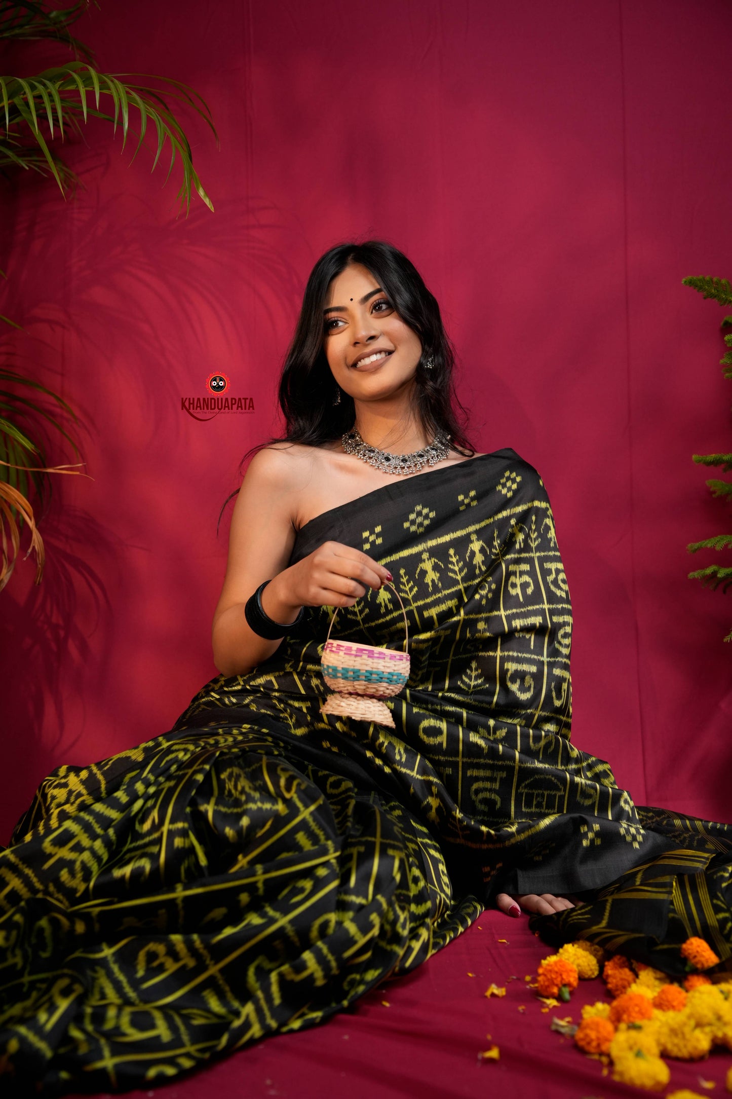 Black & Bright Yellow Colour Hindi Alphabet Design Silk Saree For Women
