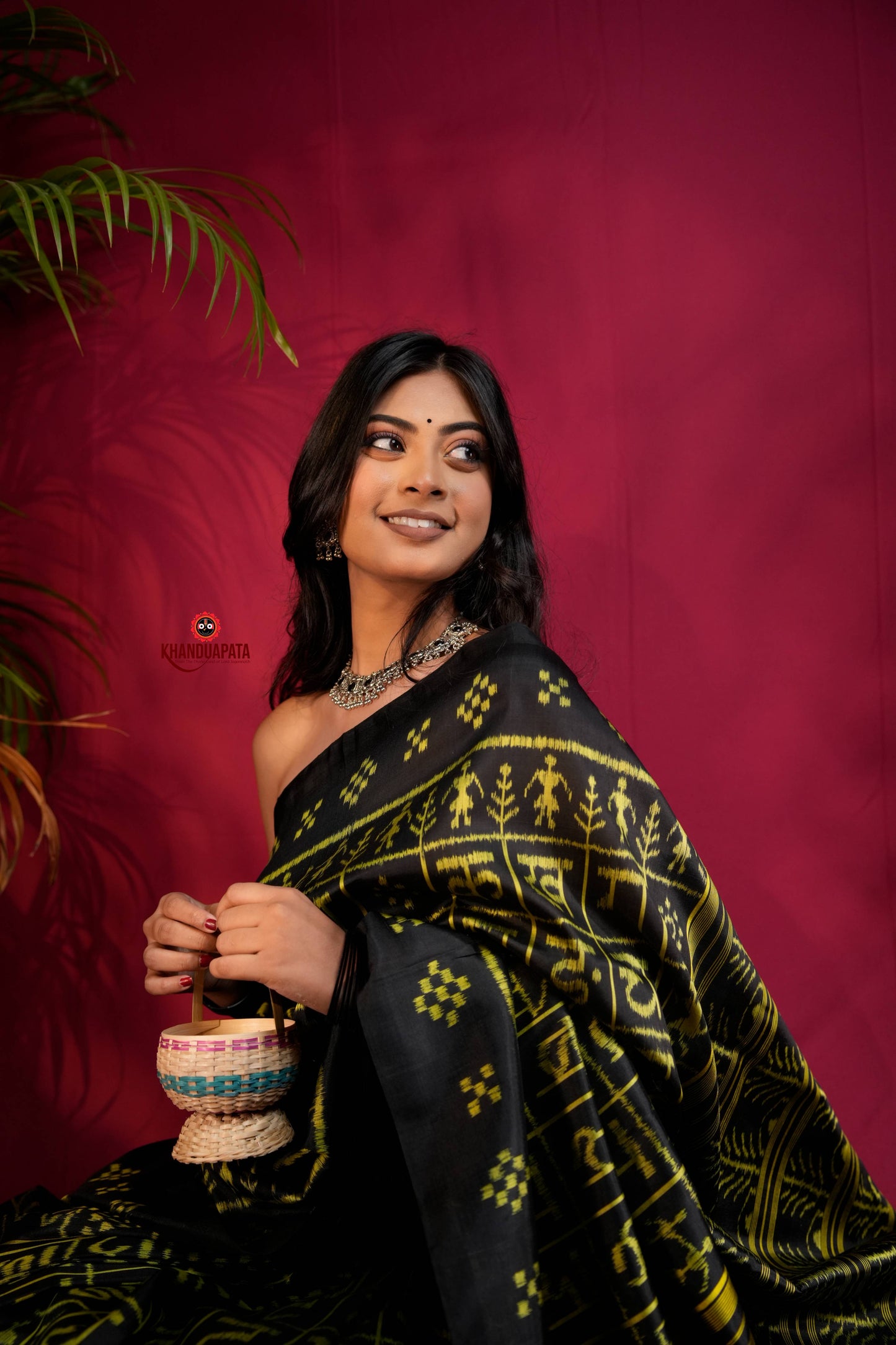Black & Bright Yellow Colour Hindi Alphabet Design Silk Saree For Women