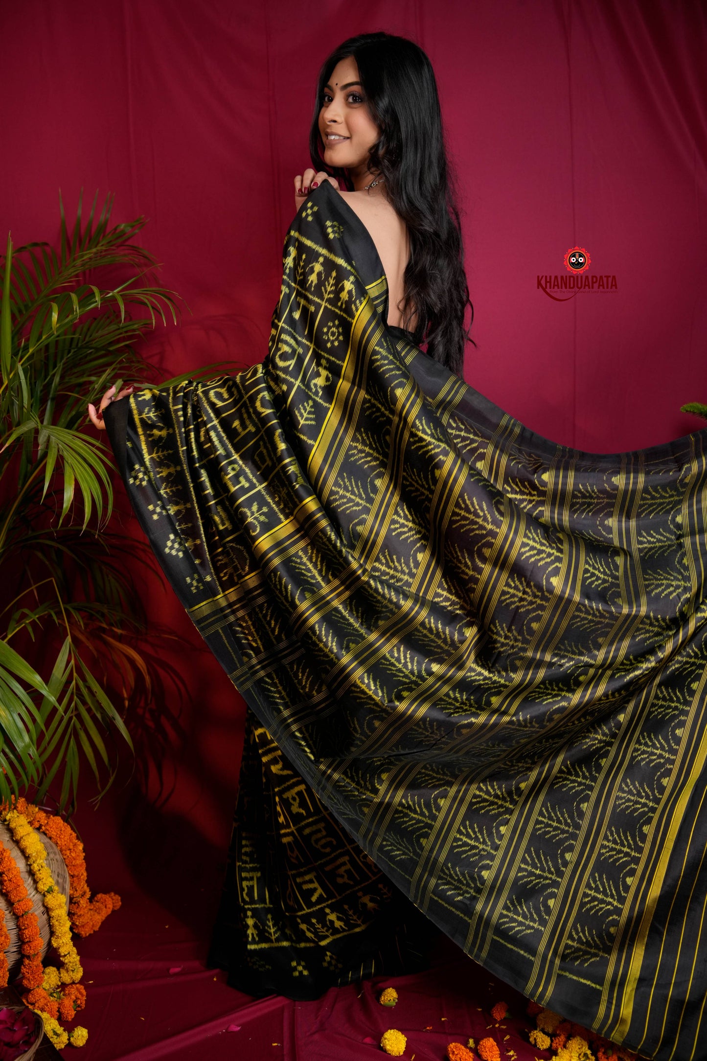 Black & Bright Yellow Colour Hindi Alphabet Design Silk Saree For Women