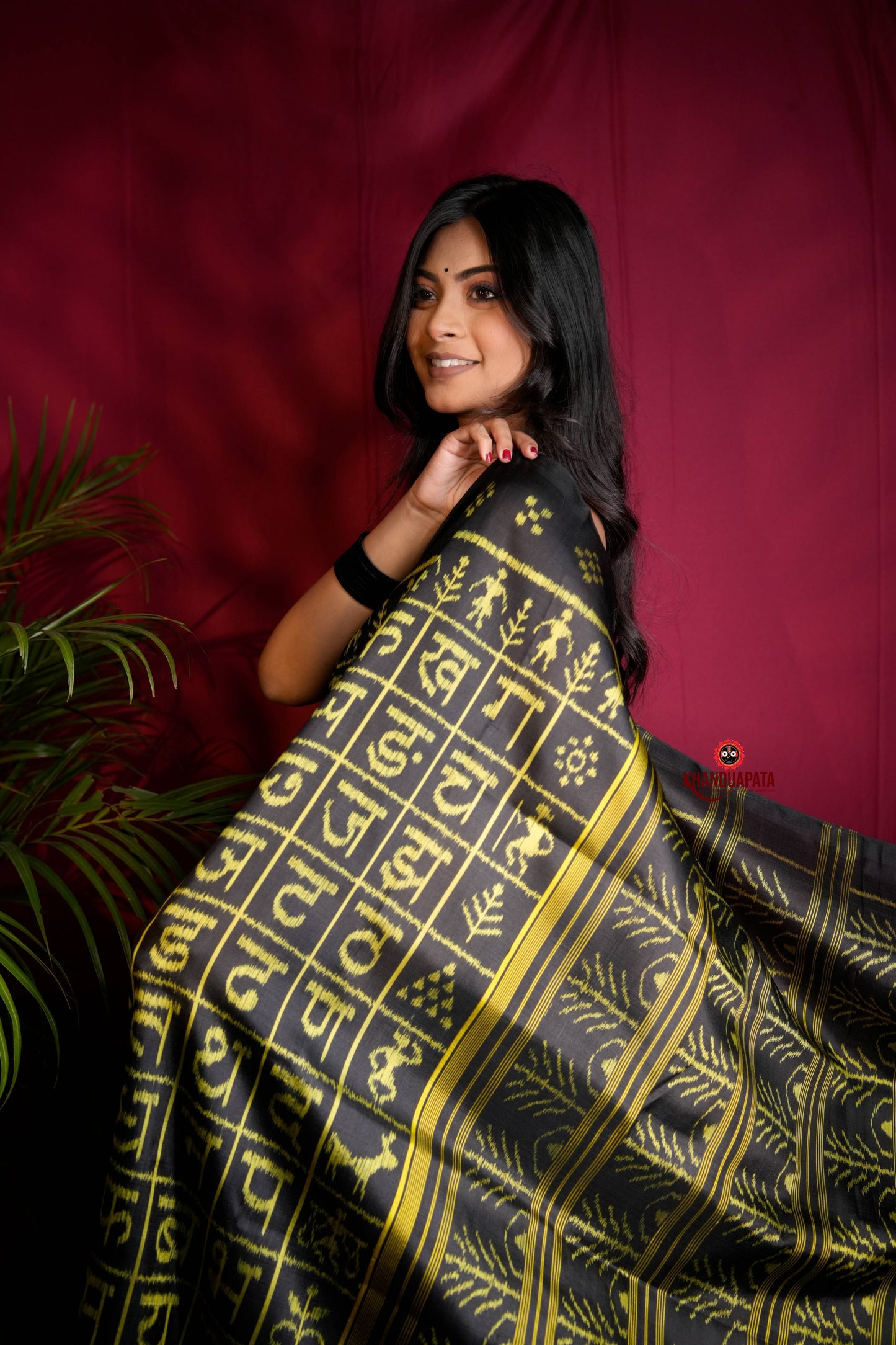 Black & Bright Yellow Colour Hindi Alphabet Design Silk Saree For Women