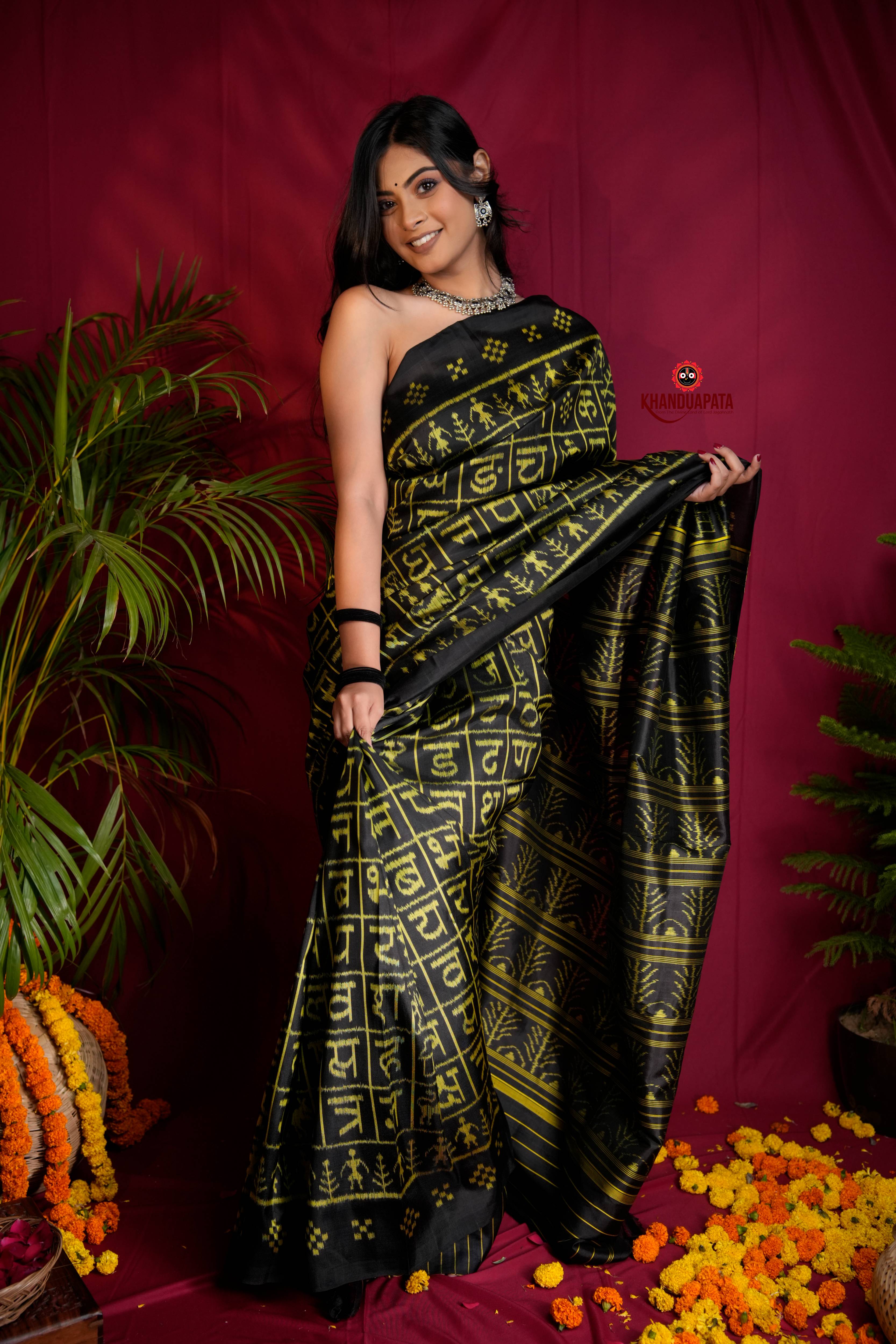 Black and bright yellow colour Hindi alphabet design silk saree by Khanduapata - full view