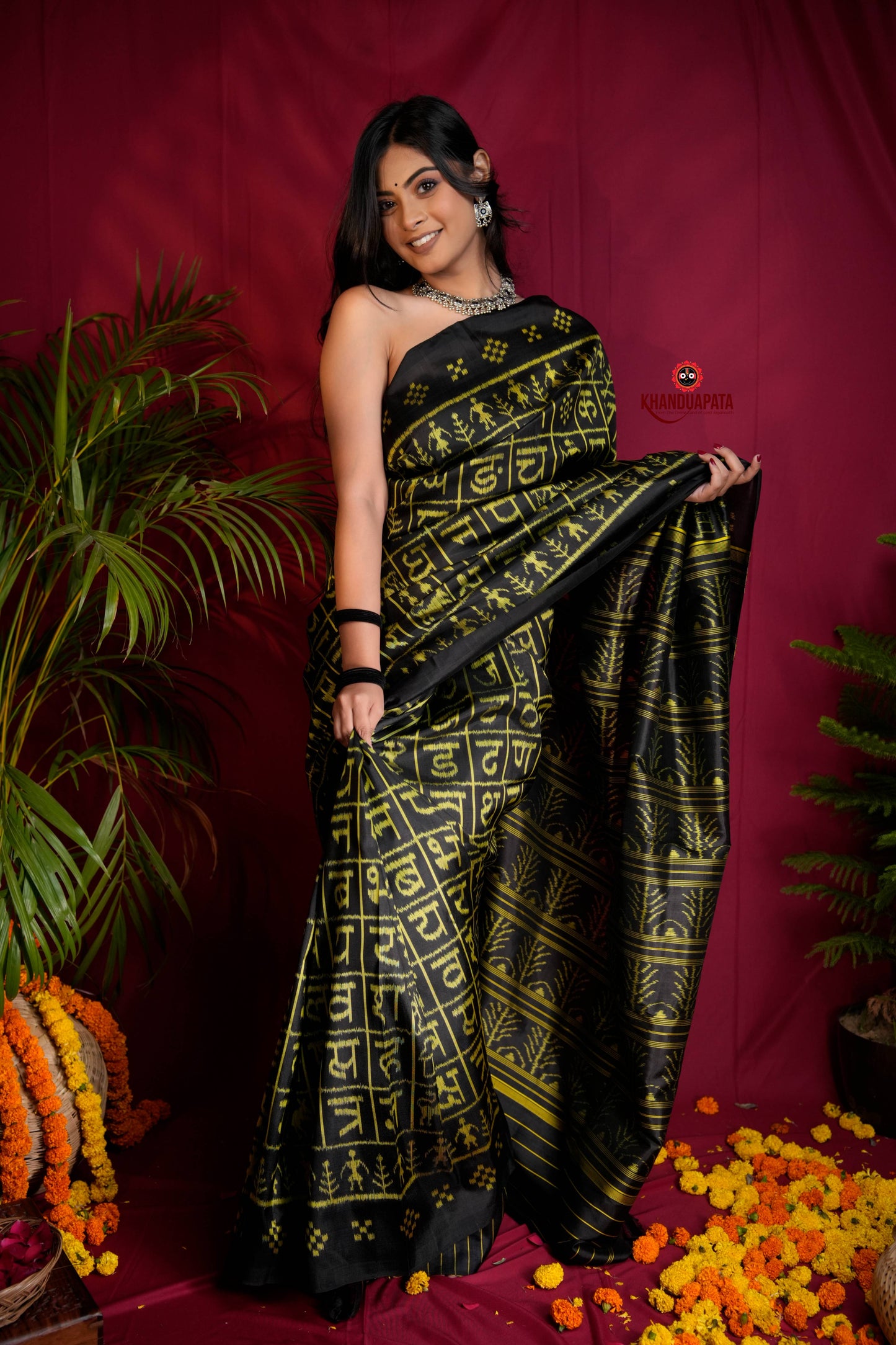 Black & Bright Yellow Colour Hindi Alphabet Design Silk Saree For Women