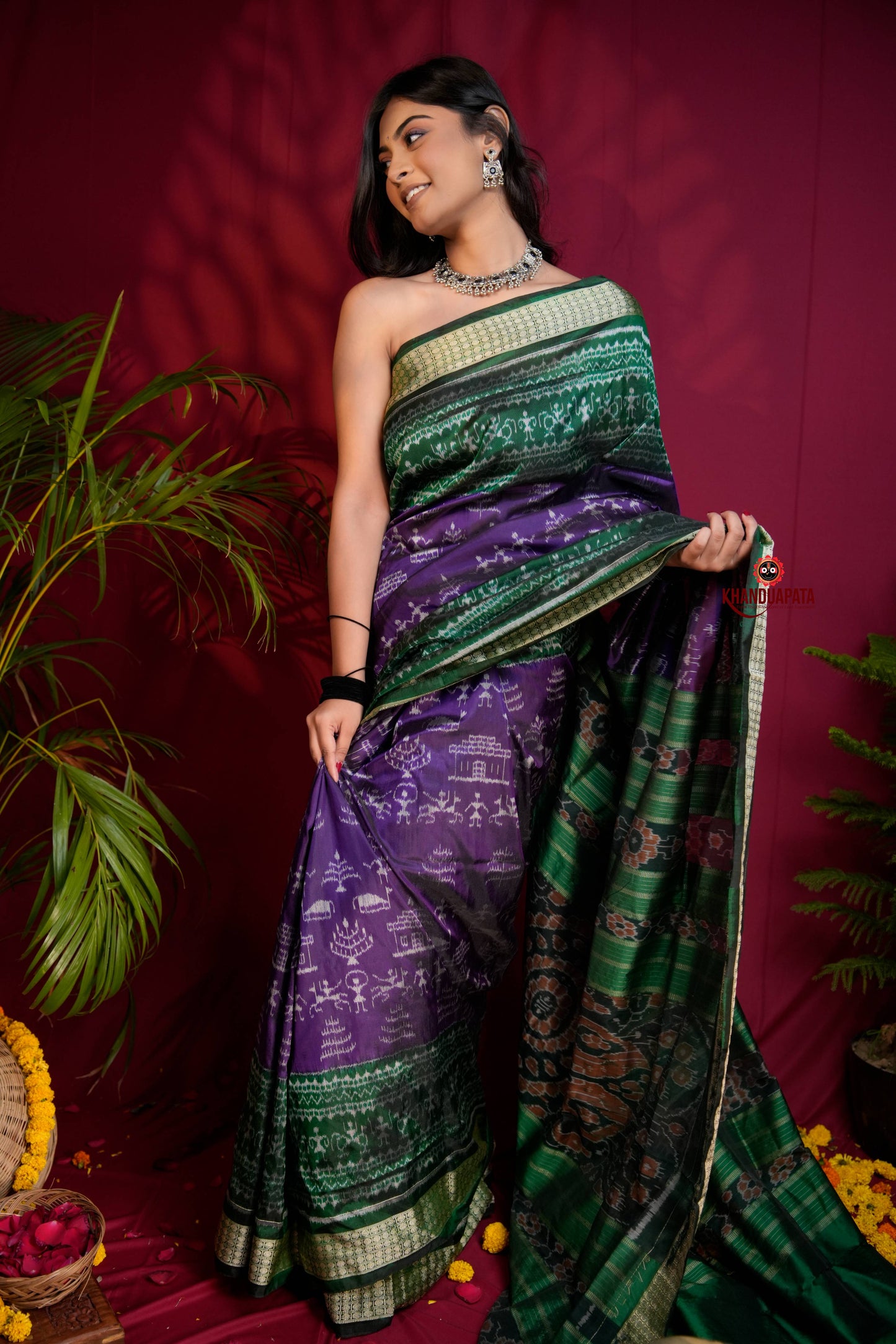 Green & Purple Colour Floral Design Silk Saree For Women