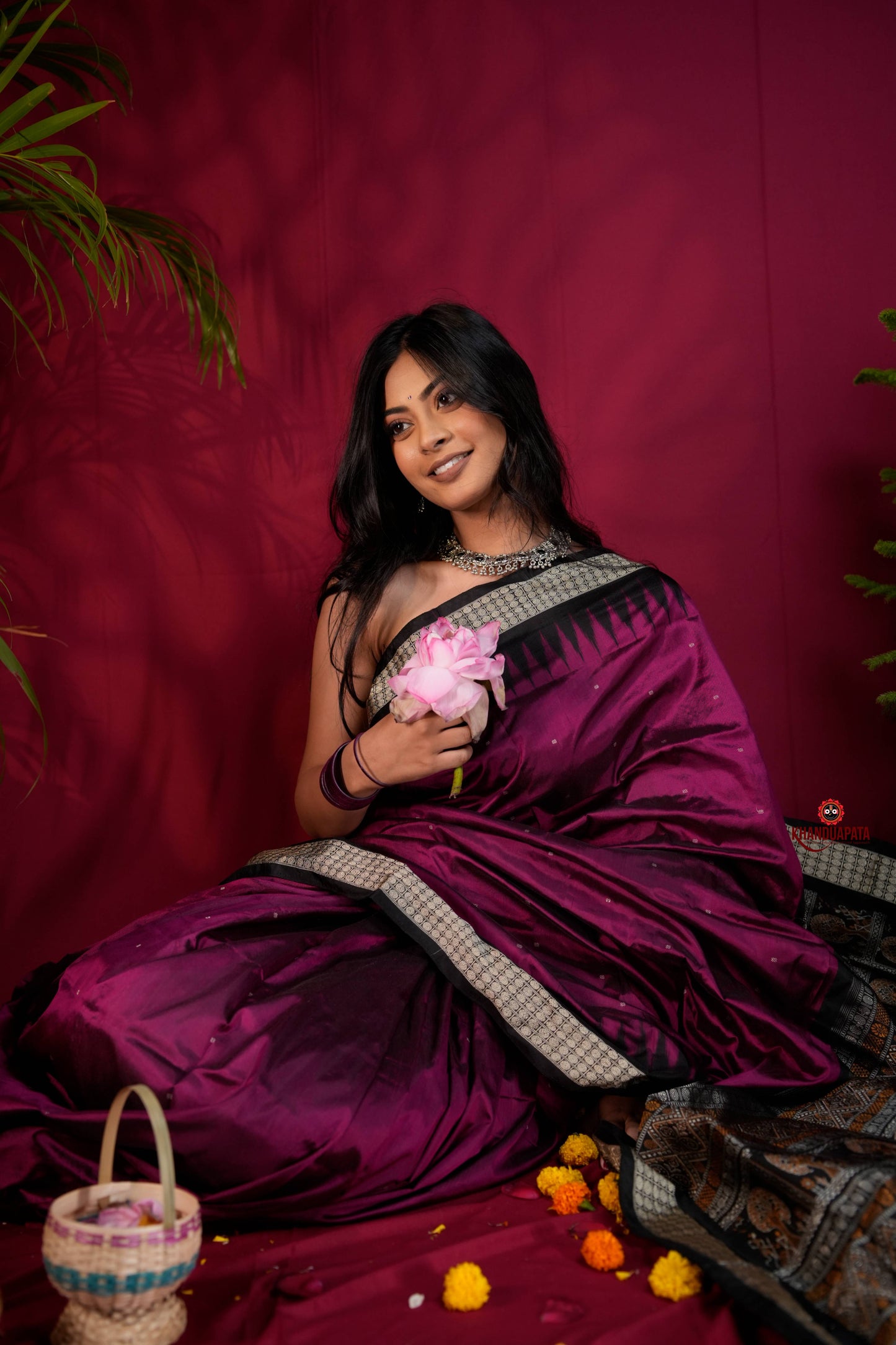 Black & Magenta Colour Dot Design Silk Saree For Women