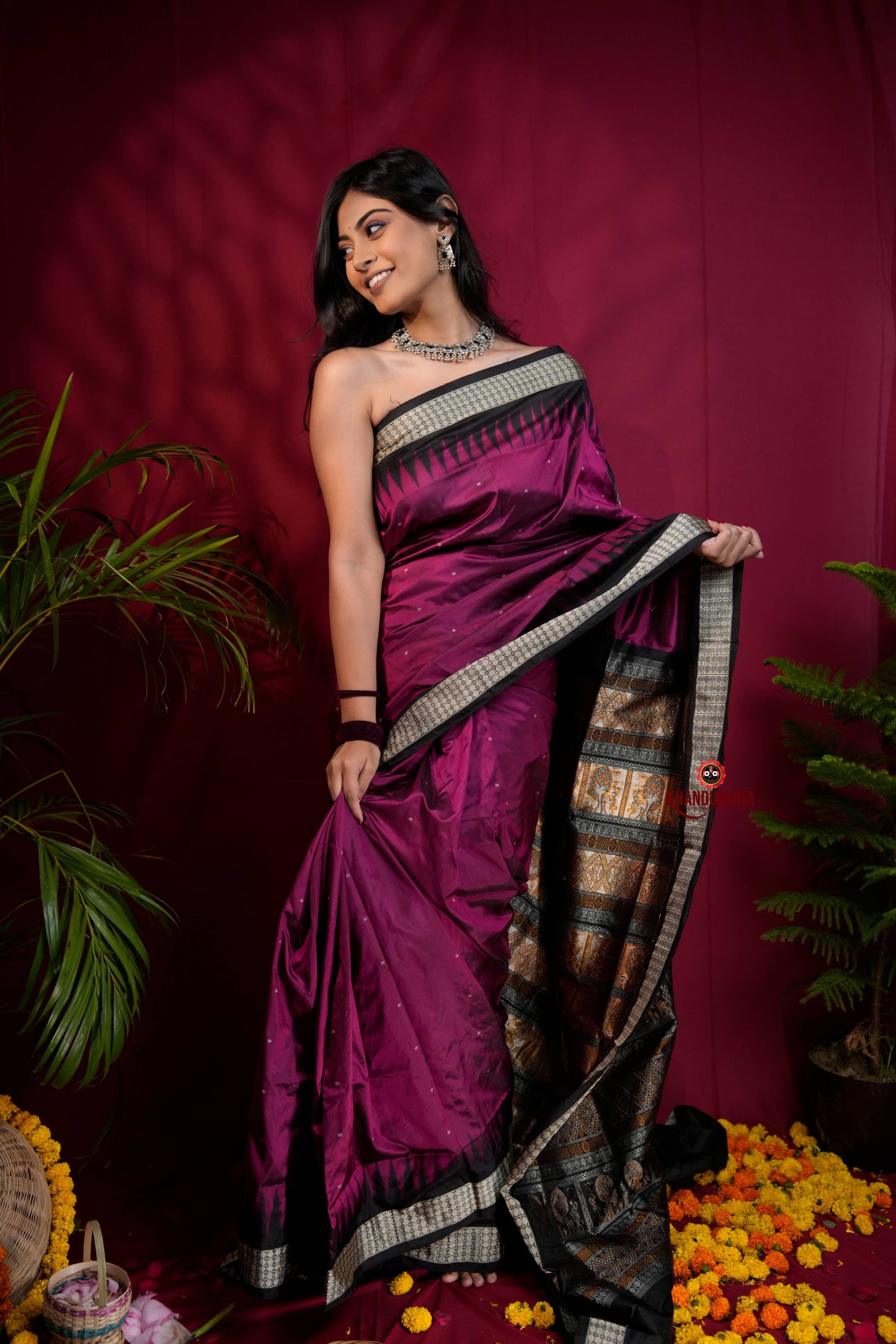 Black & Magenta Colour Dot Design Silk Saree For Women