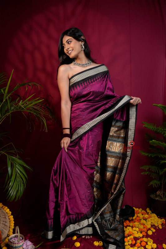 Black & Magenta Colour Dot Design Silk Saree For Women