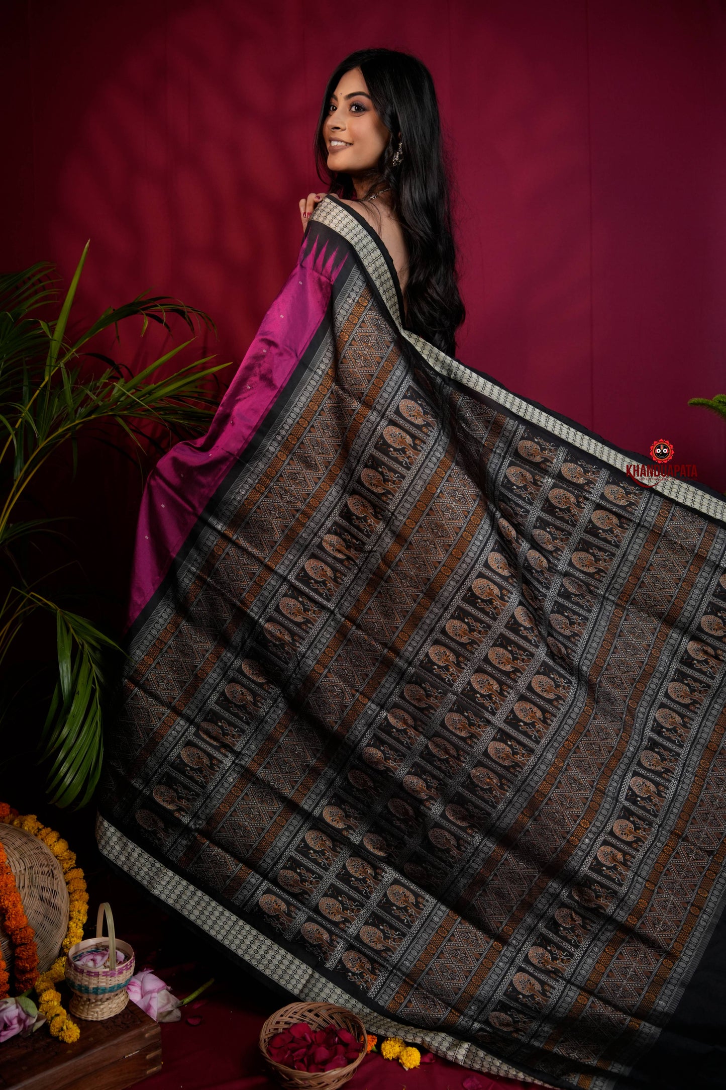 Black & Magenta Colour Dot Design Silk Saree For Women