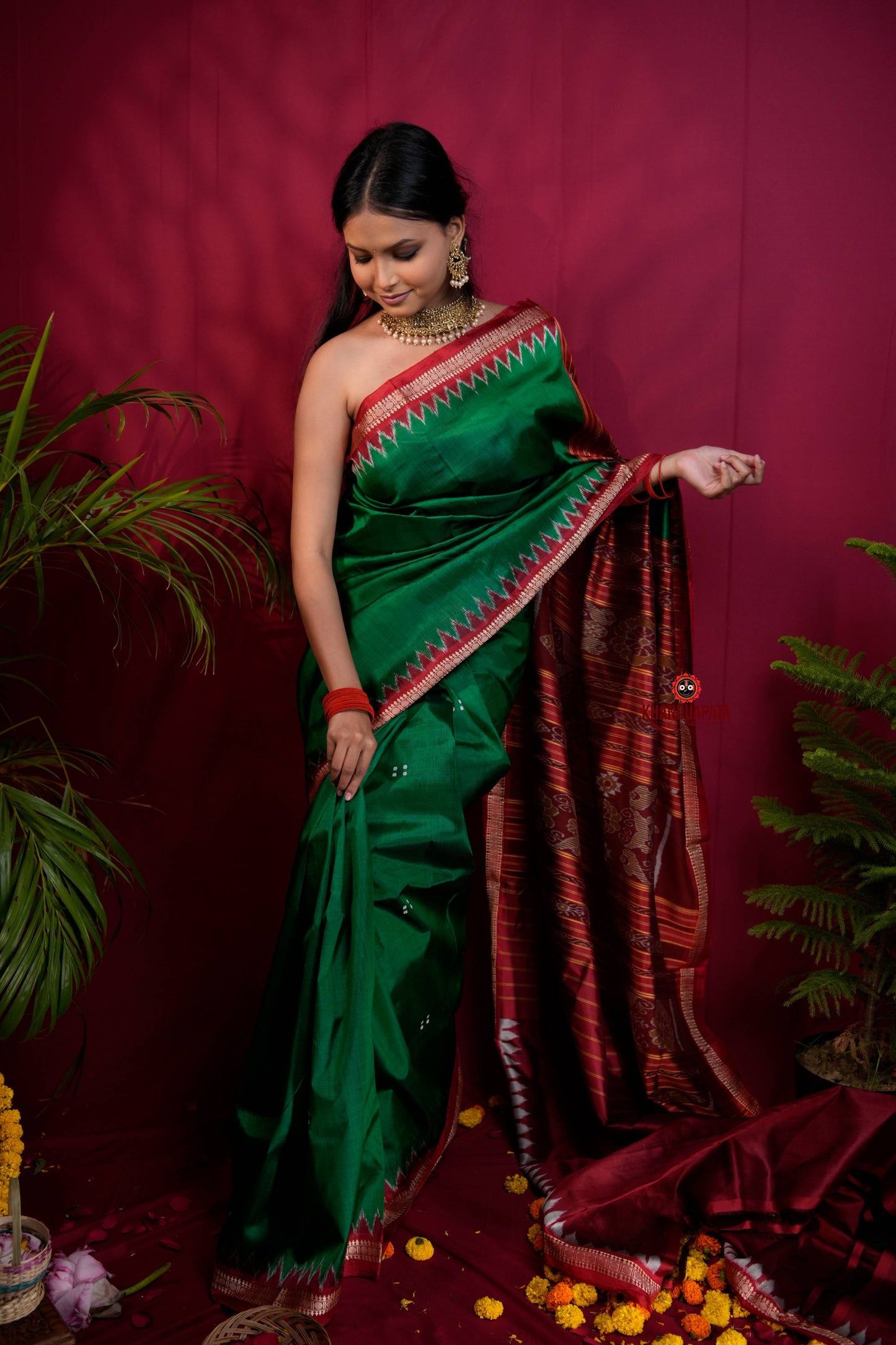 Red & Green Colour Dot Design Silk Saree For Women
