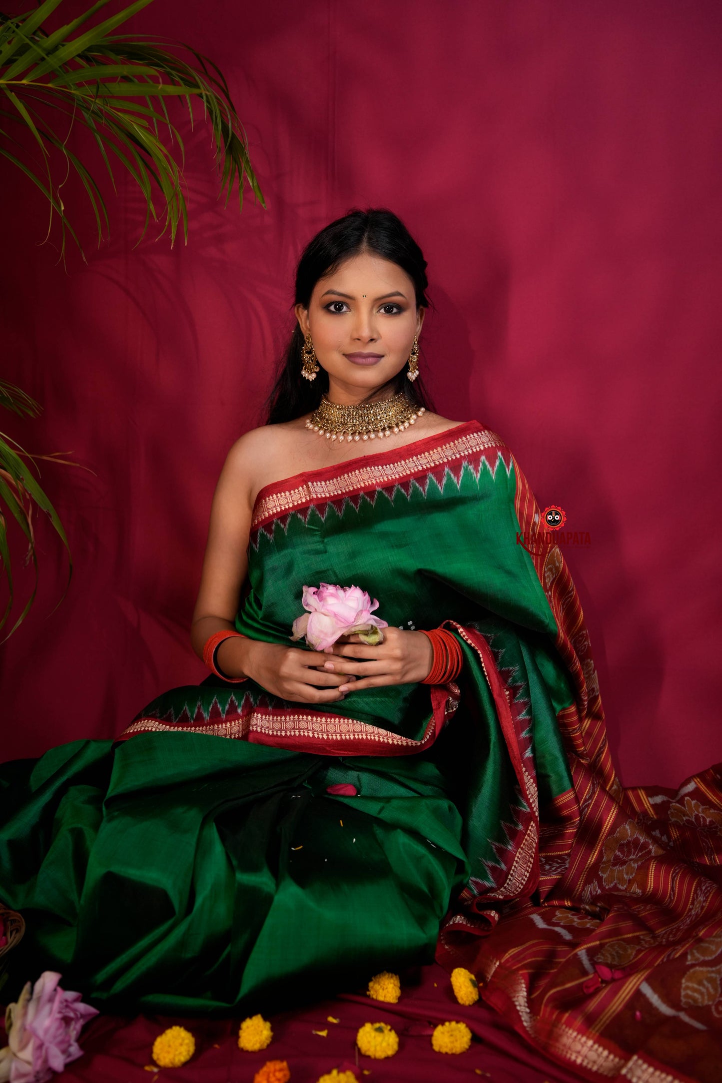 Red & Green Colour Dot Design Silk Saree For Women